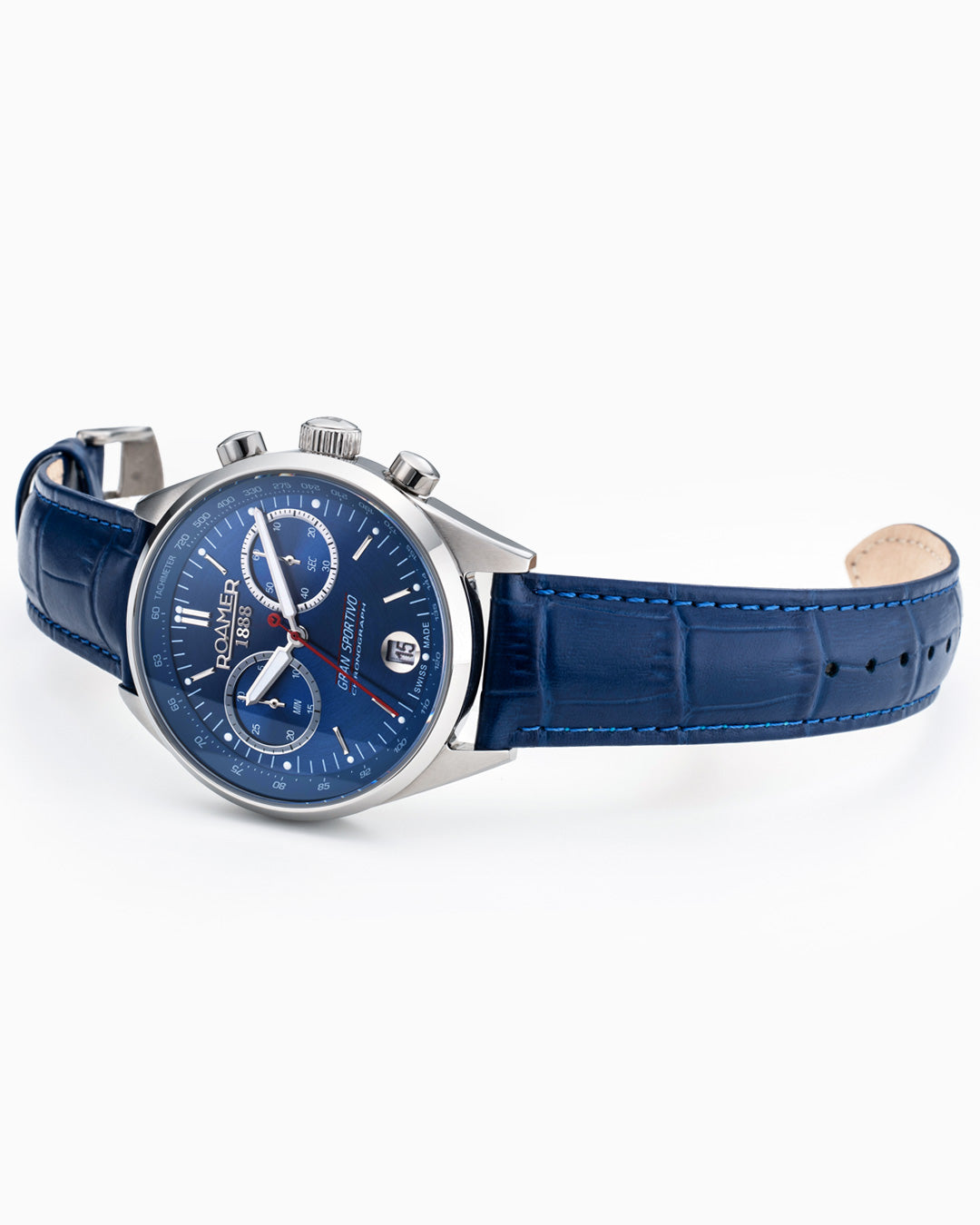 Gran Sportivo 41.5mm Quartz Chronograph Date Blue Sunray Dial Silver Bracelet Blue Leather Strap Set Sapphire antireflection glass Stainless Steel swiss watch