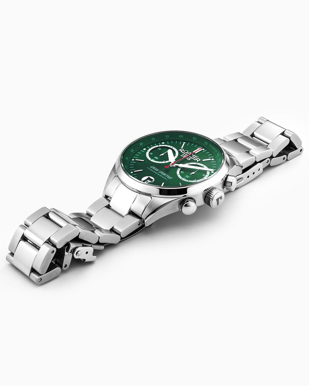 Gran Sportivo 41.5mm Quartz Chronograph Date Green Sunray Dial Silver Bracelet Green Leather Strap Set Sapphire antireflection glass Stainless Steel swiss watch