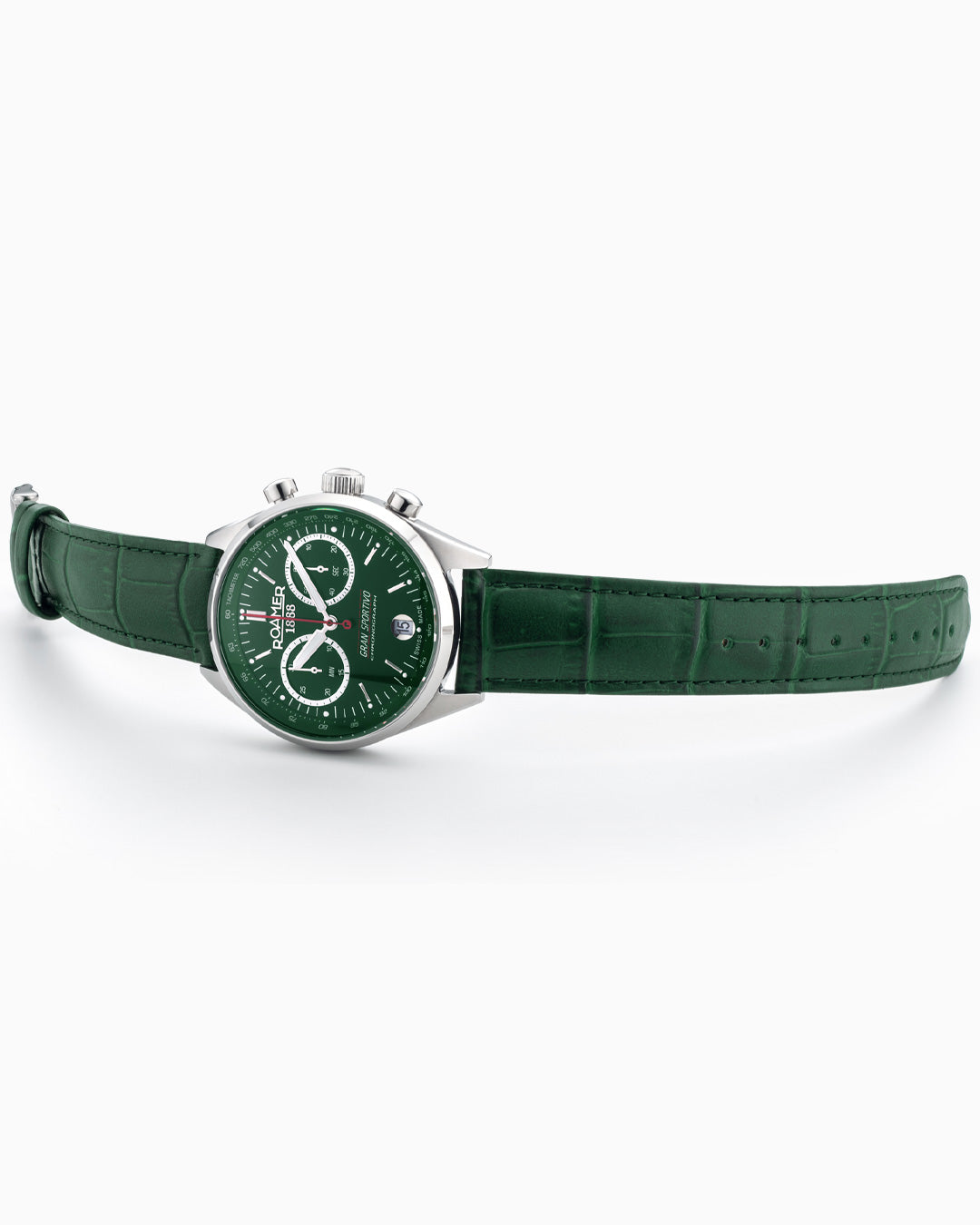 Gran Sportivo 41.5mm Quartz Chronograph Date Green Sunray Dial Silver Bracelet Green Leather Strap Set Sapphire antireflection glass Stainless Steel swiss watch