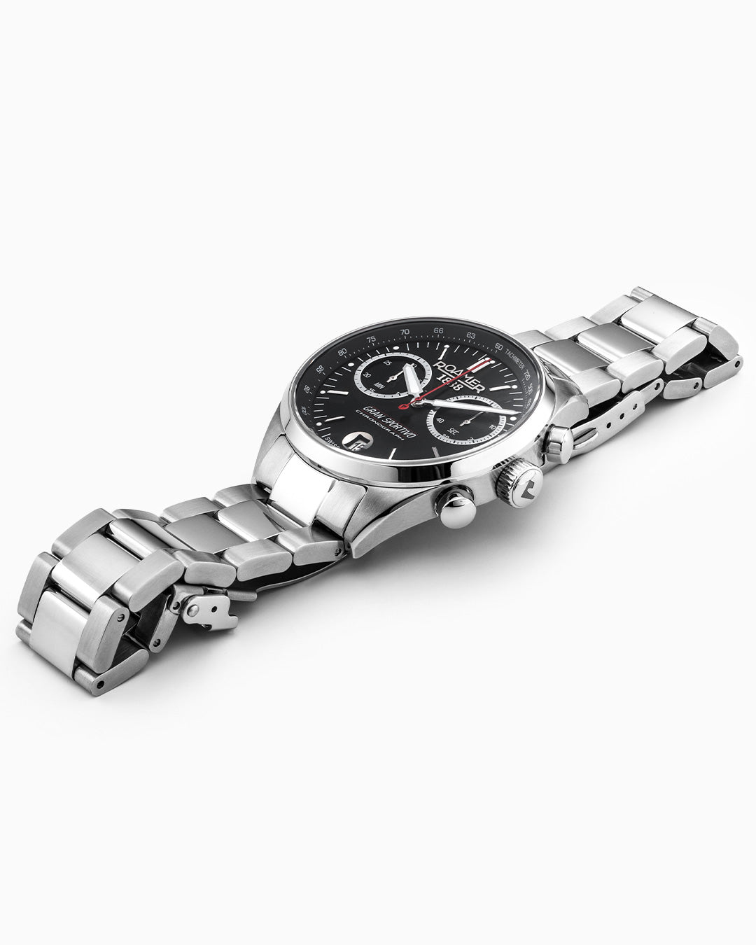 Gran Sportivo 41.5mm Quartz Chronograph Date Black Sunray Dial Silver Bracelet and Strap Set Sapphire antireflection glass Stainless Steel swiss watch