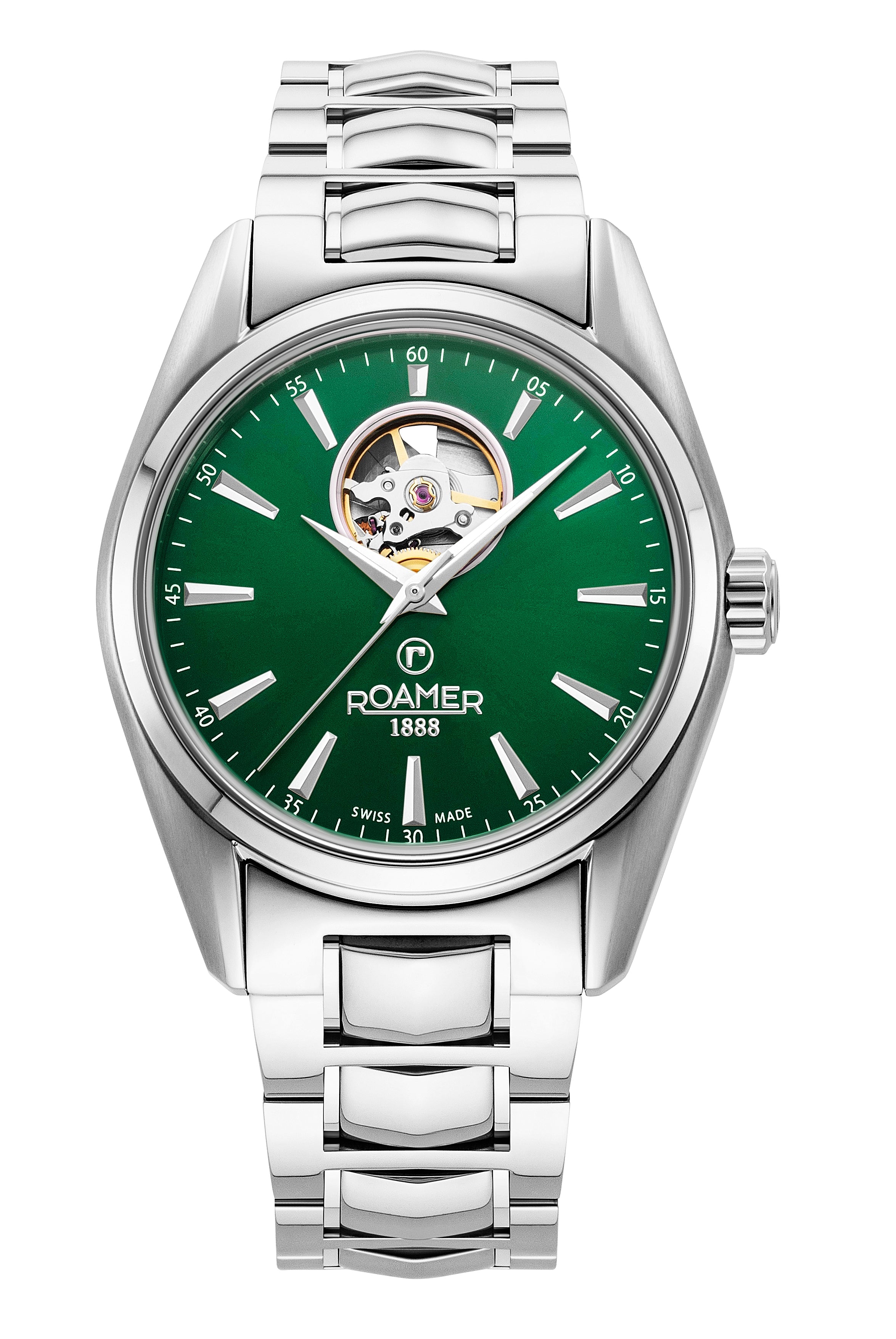 Searock Master 42 mm Automatic Three-Hand Date Green Sunray Dial Silver Bracelet Sapphire antireflection glass Stainless Steel swiss watch