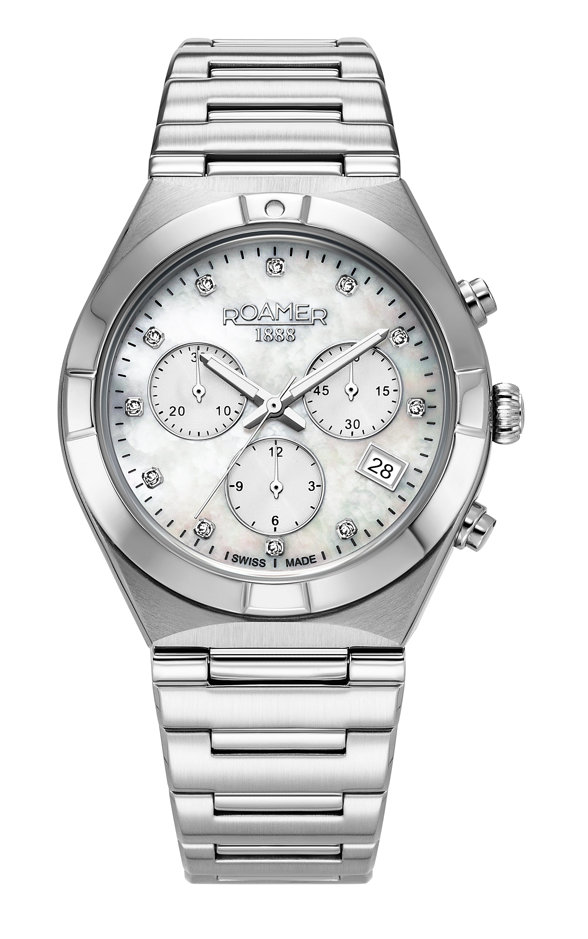 Eos Ladies Chrono 38mm Quartz Chronograph Date White Mop Dial Silver Bracelet Sapphire glass Stainless Steel swiss watch