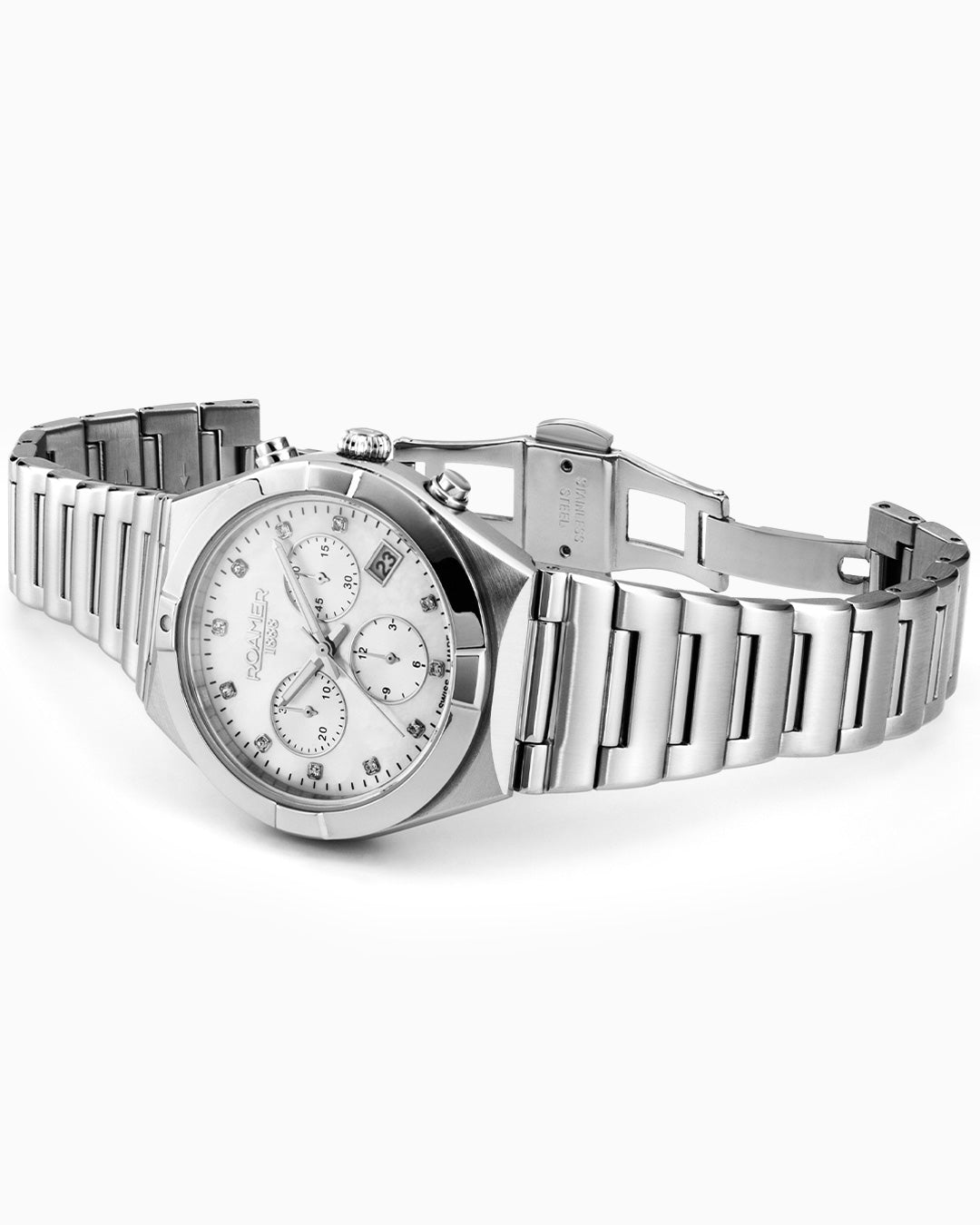 Eos Ladies Chrono 38mm Quartz Chronograph Date White Mop Dial Silver Bracelet Sapphire glass Stainless Steel swiss watch