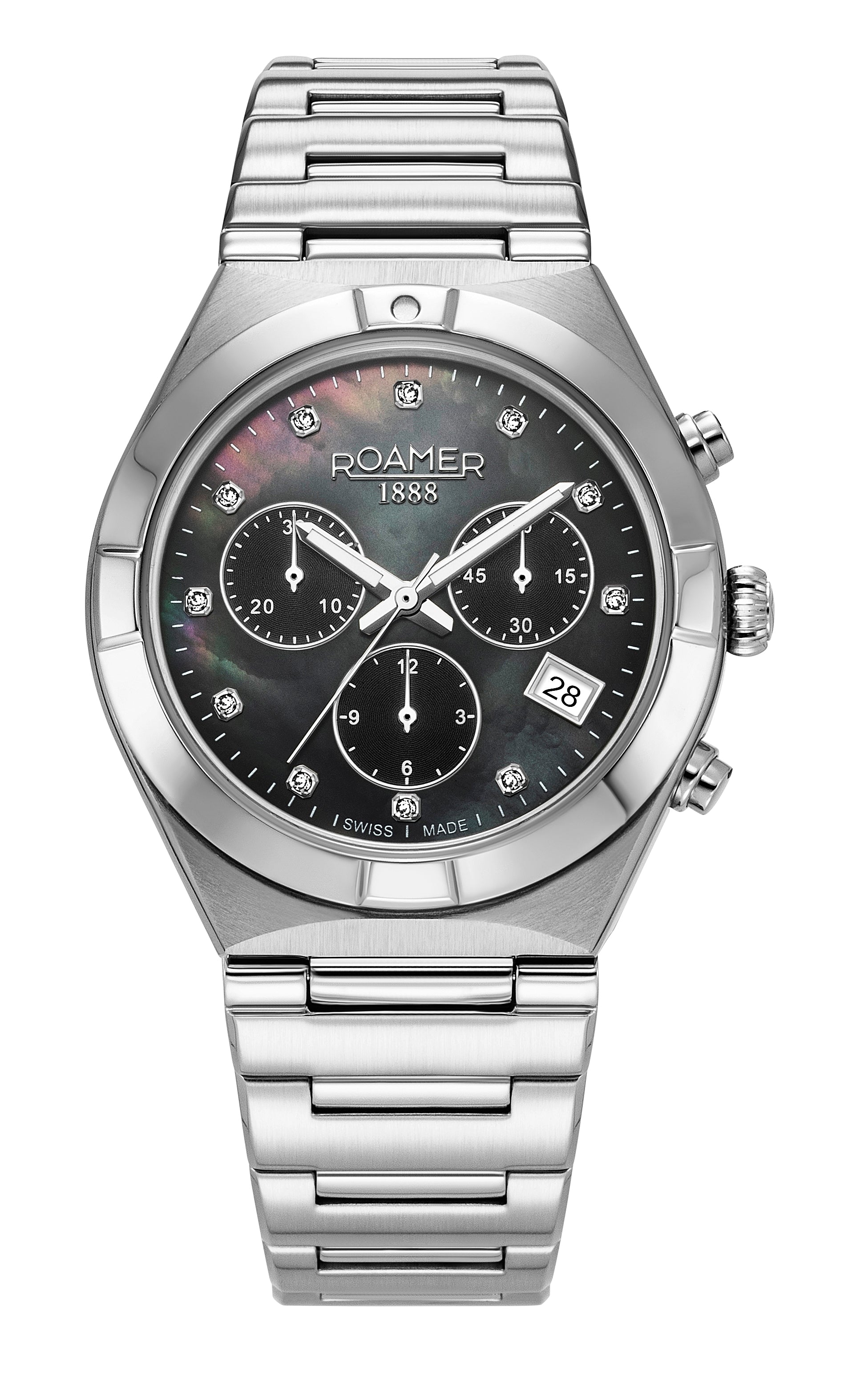 Eos Ladies Chrono 38mm Quartz Chronograph Date Black Mop Dial Silver Bracelet Sapphire glass Stainless Steel swiss watch