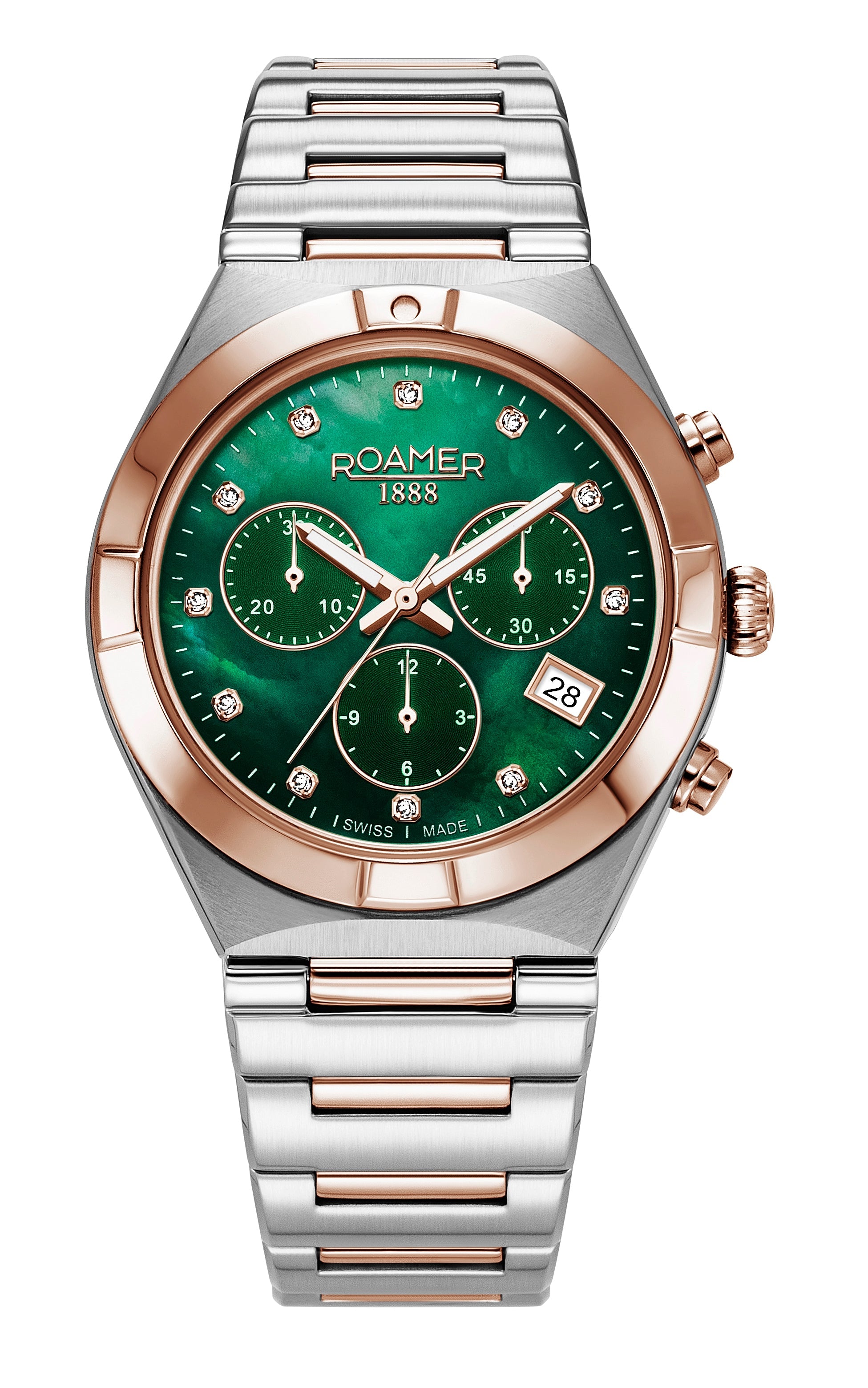 Eos Ladies Chrono 38mm Quartz Chronograph Date Green Mop Dial Two-Tone Bracelet Sapphire glass Stainless Steel swiss watch