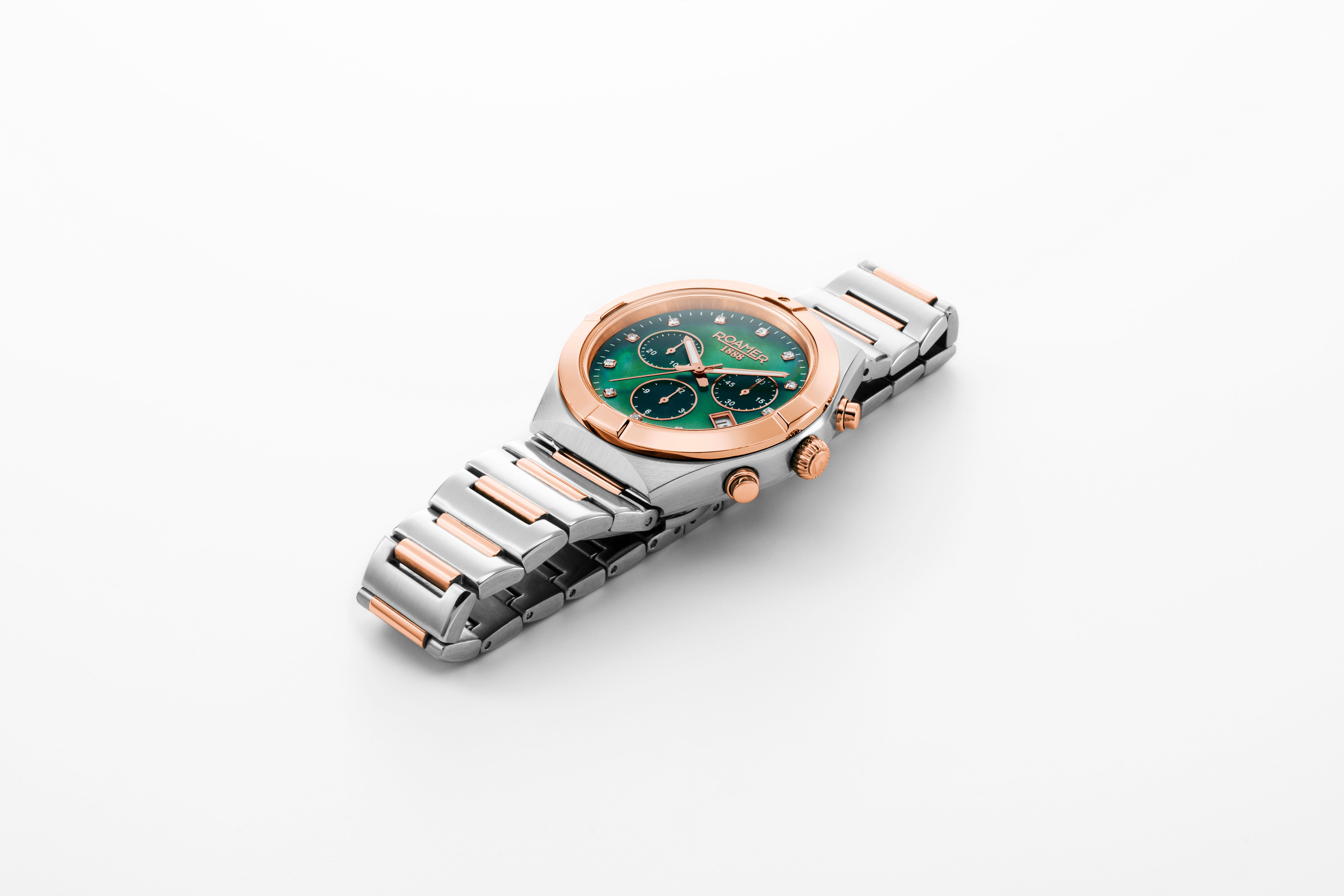 Eos Ladies Chrono 38mm Quartz Chronograph Date Green Mop Dial Two-Tone Bracelet Sapphire glass Stainless Steel swiss watch