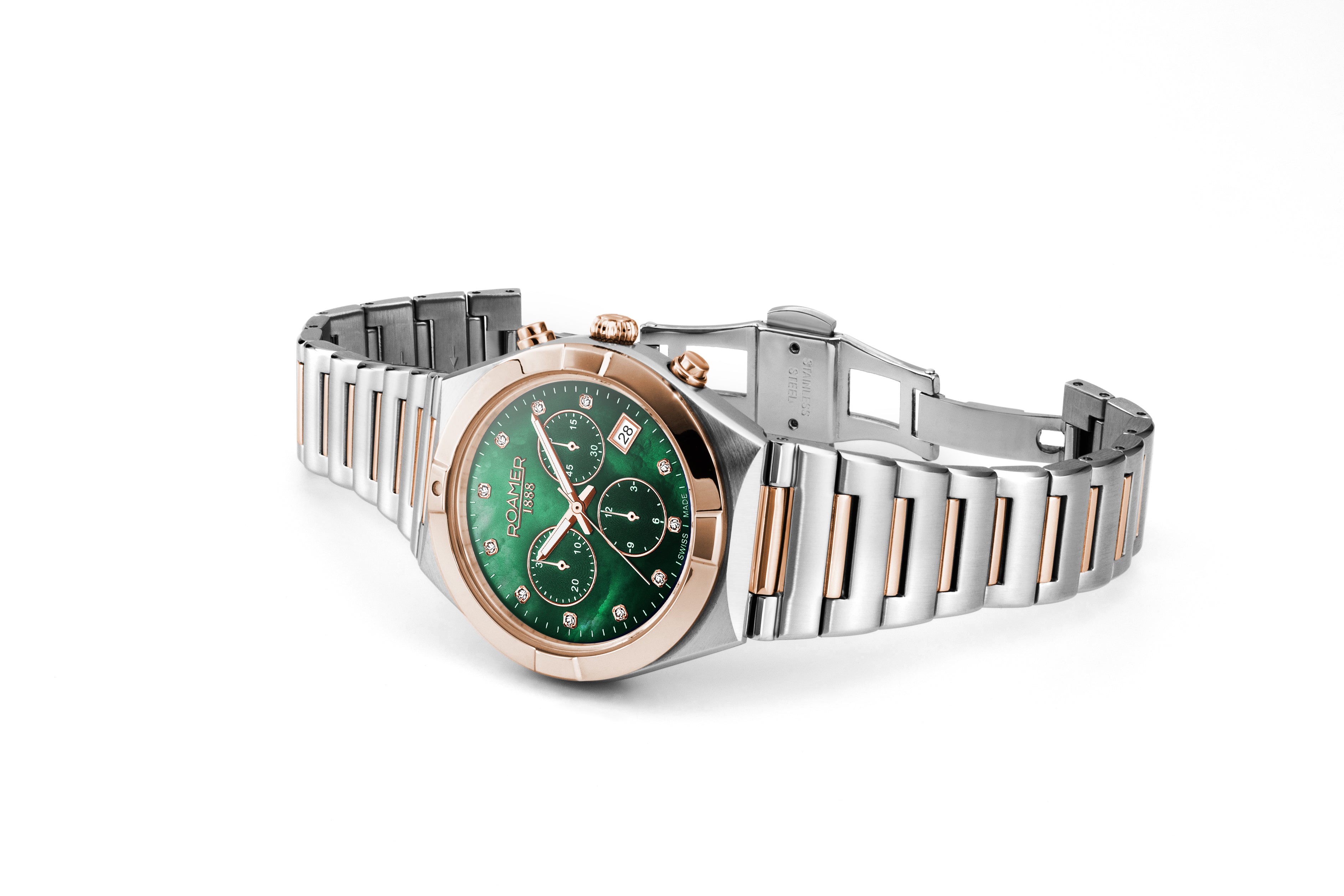 Eos Ladies Chrono 38mm Quartz Chronograph Date Green Mop Dial Two-Tone Bracelet Sapphire glass Stainless Steel swiss watch