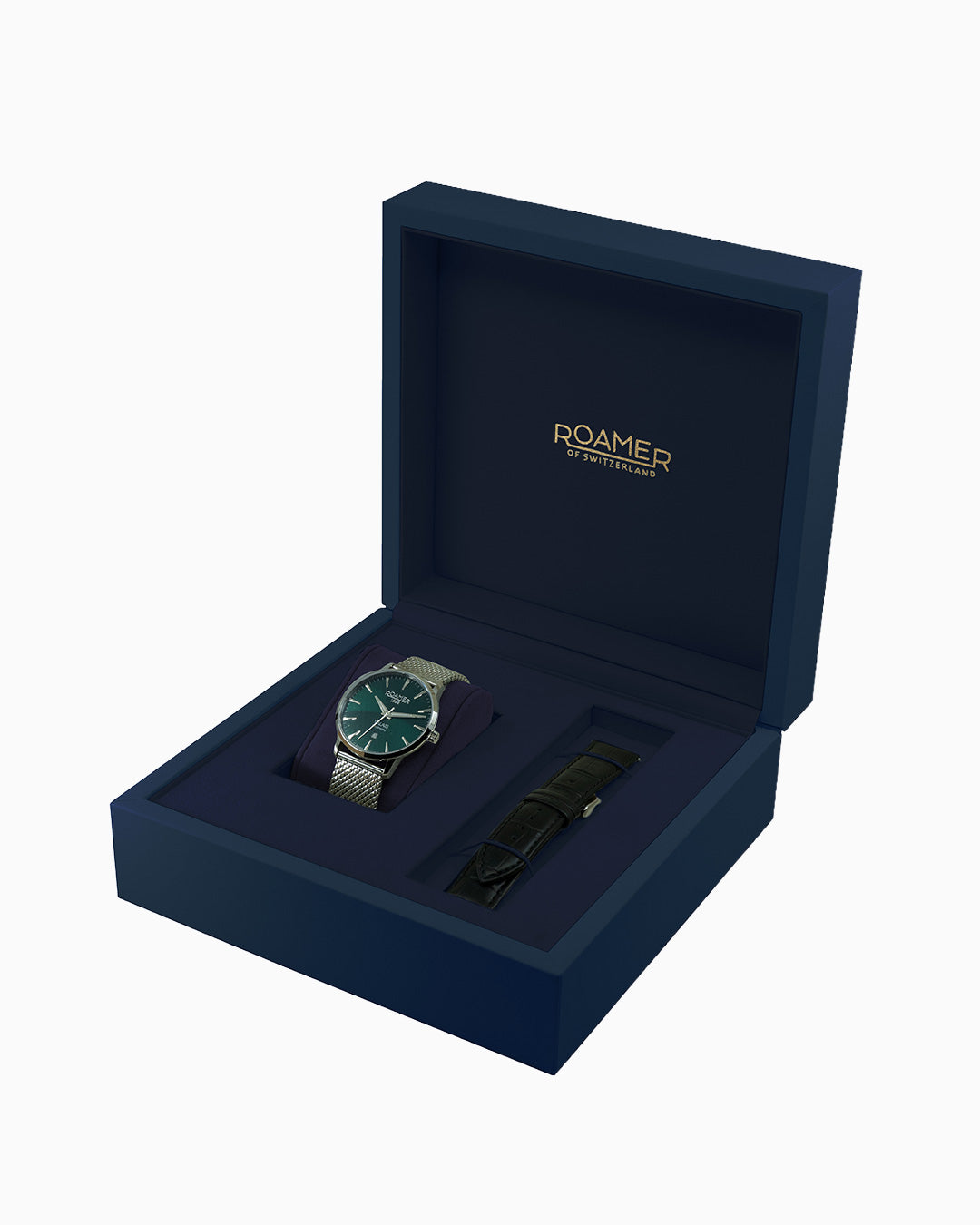 Valais Gents Interchangeable Box Set 42mm Quartz Three-Hand Date Green Dial Green Leather Strap and Stainless Steel milanaise Bracelet Sapphire glass Stainless Steel swiss watch
