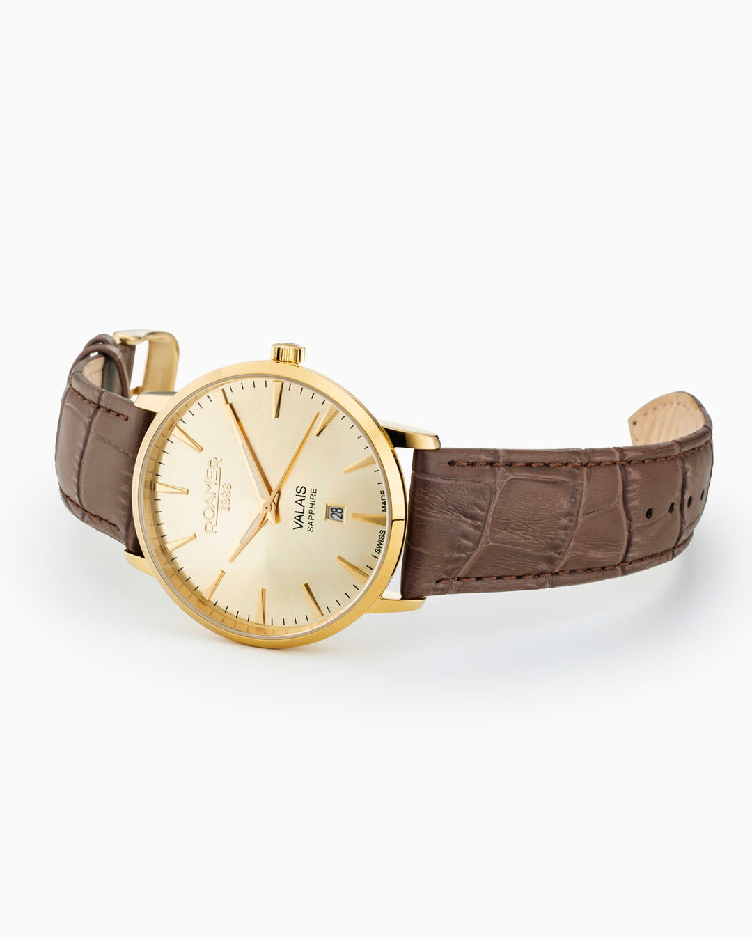 Valais Gents Interchangeable Box Set 42mm Quartz Three-Hand Date Champagne Dial Brown Leather Strap and Milanaise Gold Bracelet Tone Sapphire glass Stainless Steel swiss watch