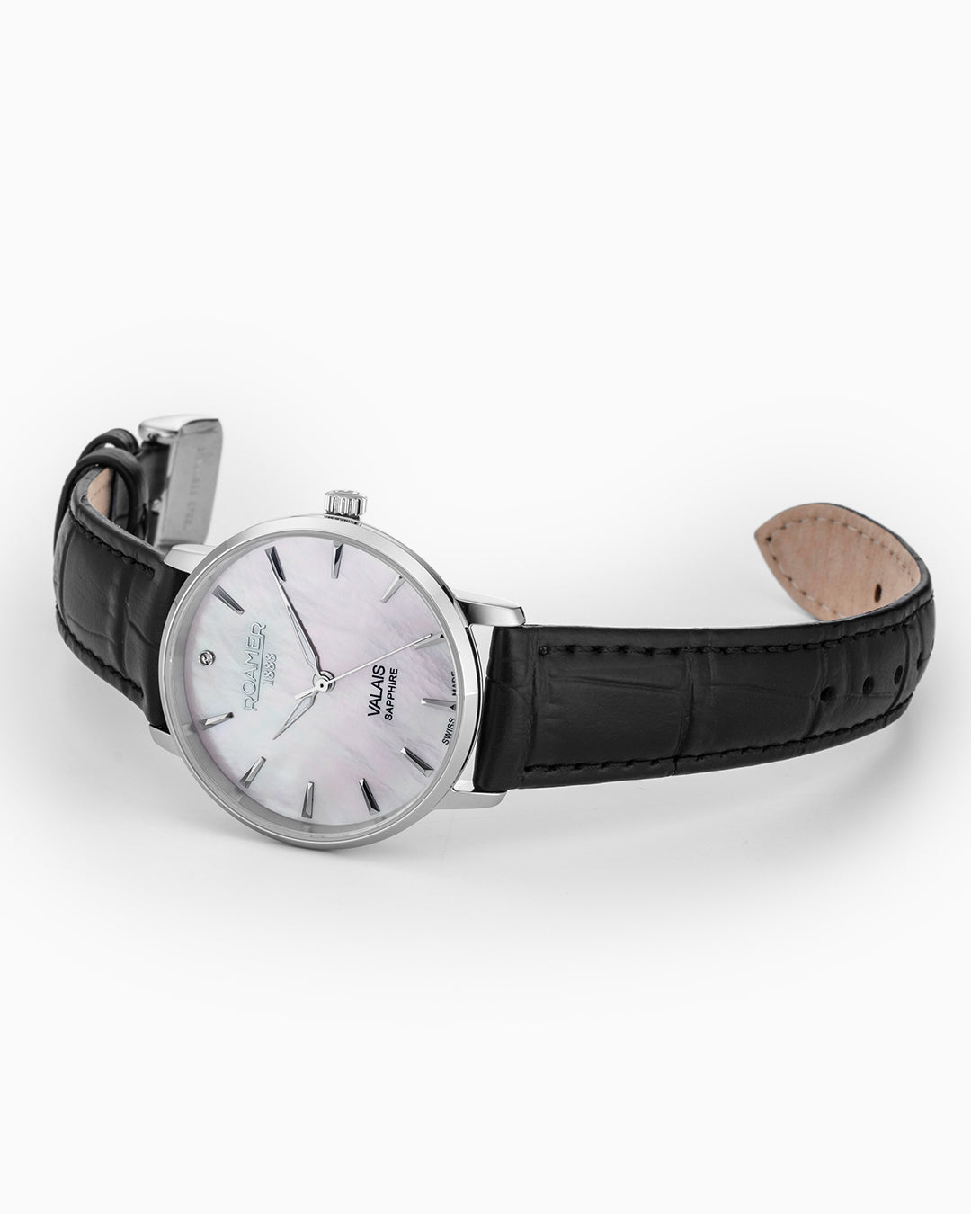 Valais Ladies Interchangeable Box Set 32mm Quartz Three-Hand Date White MOP Dial Black Leather Strap and Stainless Steel Milanaise Bracelet Sapphire glass Stainless Steel swiss watch