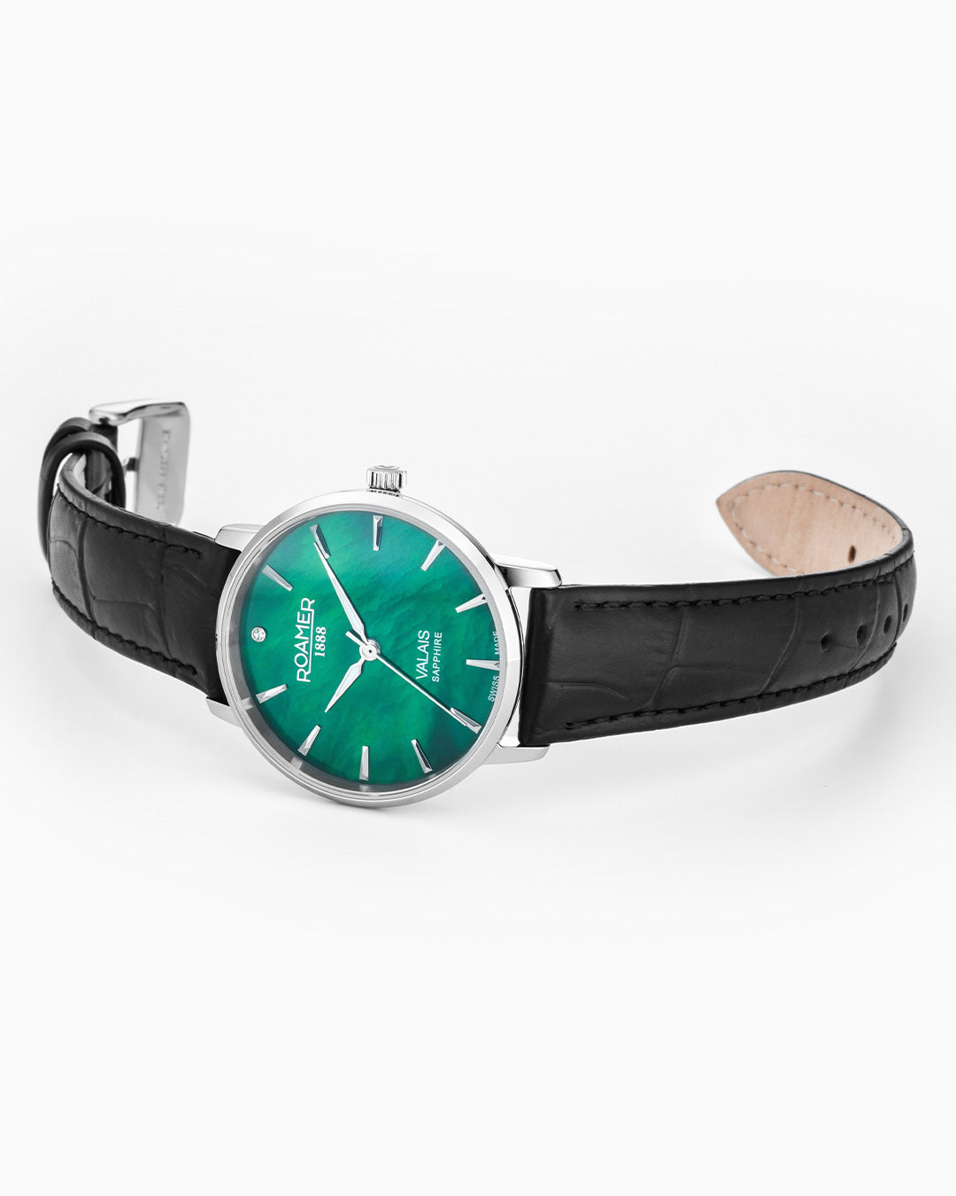 Valais Ladies Interchangeable Box Set 32mm Quartz Three-Hand Date Green Mop Dial Black Leather Strap Sapphire glass Stainless Steel swiss watch