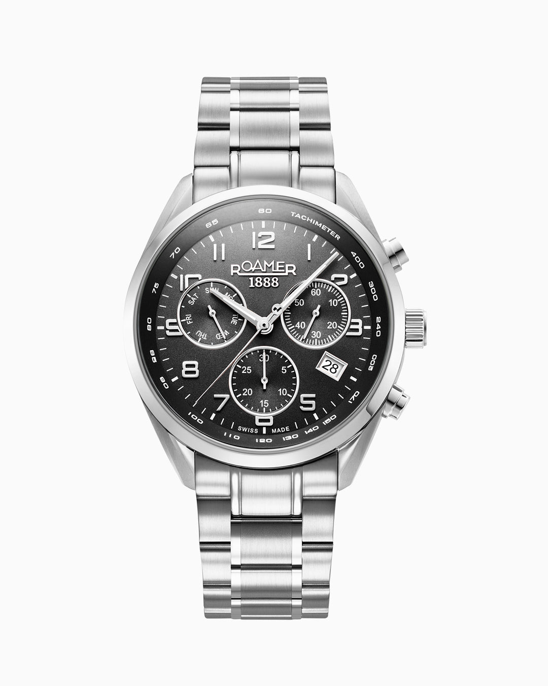 Roamer Pro Chrono 42mm Quartz Chronograph Date Black Sunray Dial Silver Bracelet Sapphire glass Stainless Steel swiss watch