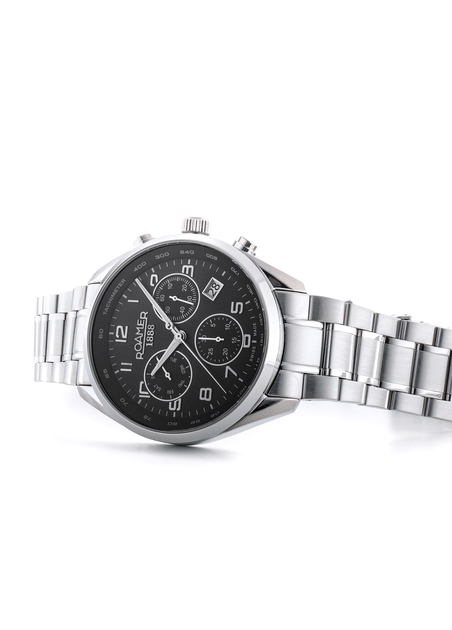 Pro Chrono 42mm Quartz Chronograph Date Black Sunray Dial Silver Bracelet Sapphire glass Stainless Steel swiss watch