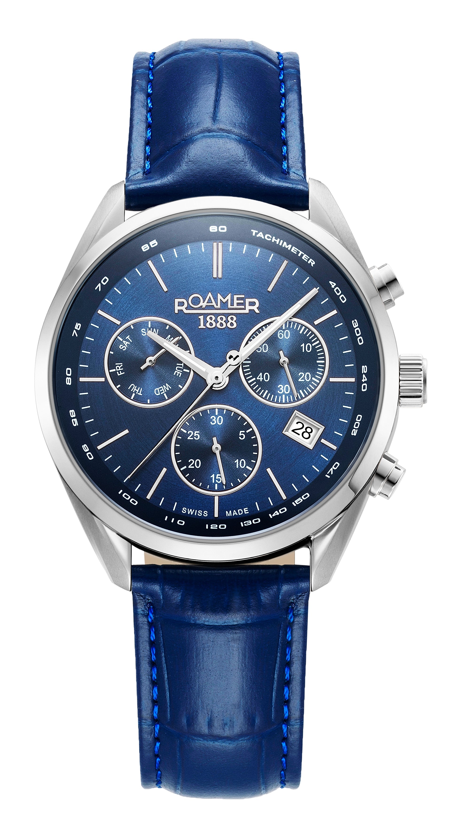 Pro Chrono 42mm Quartz Chronograph Date Blue Leather Strap Sapphire glass Stainless Steel swiss watch