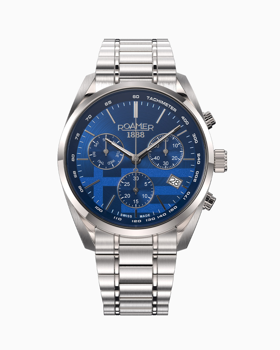 Pro Chrono Set 42mm Quartz Chronograph Date Blue Greek Flag Dial Silver Bracelet Blue Silicone Strap Sapphire Glass Stainless Steel Swiss Watch