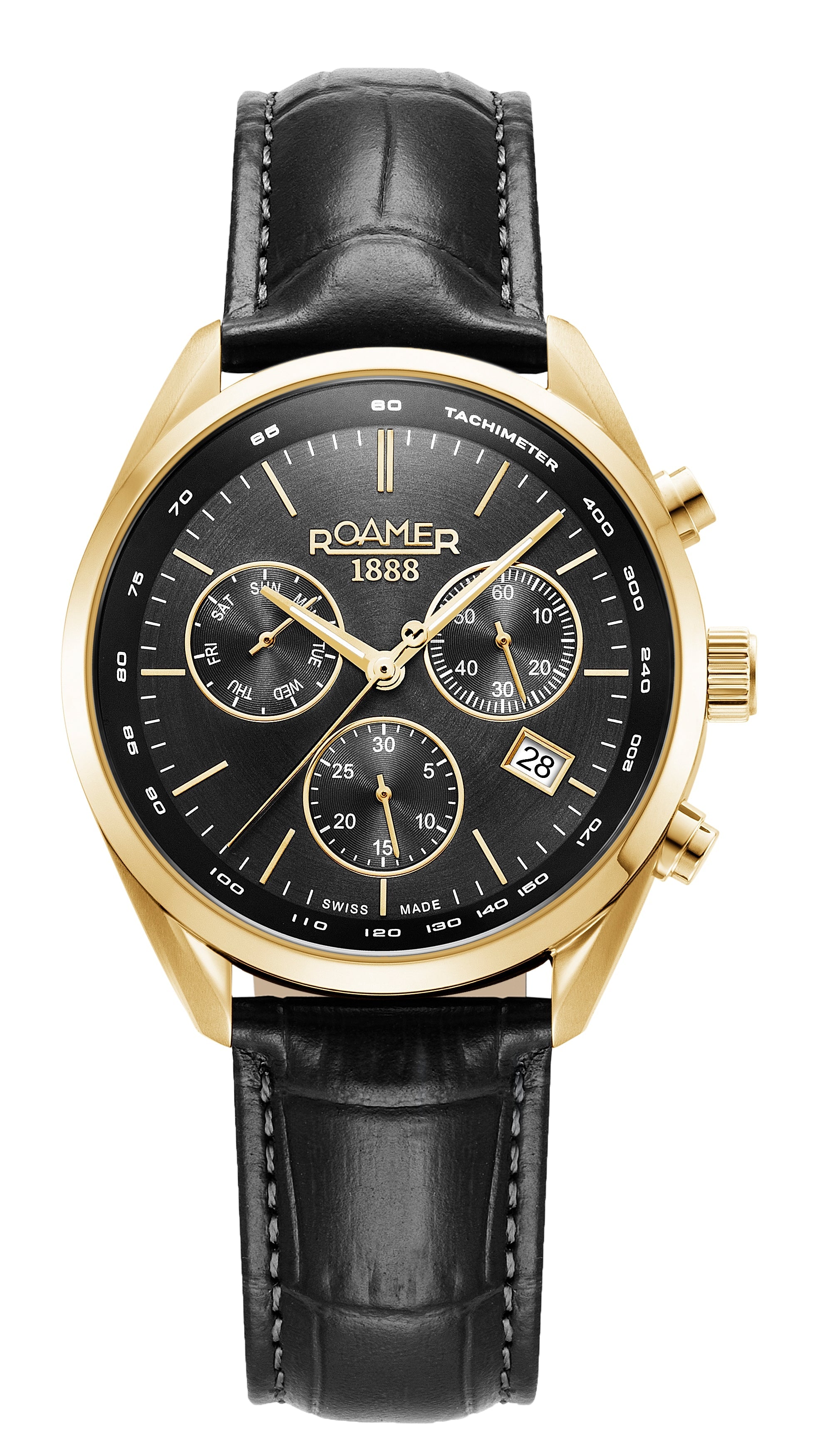 Pro Chrono 42mm Quartz Chronograph Date Black Sunray Dial Black Leather Strap Sapphire glass Stainless Steel swiss watch
