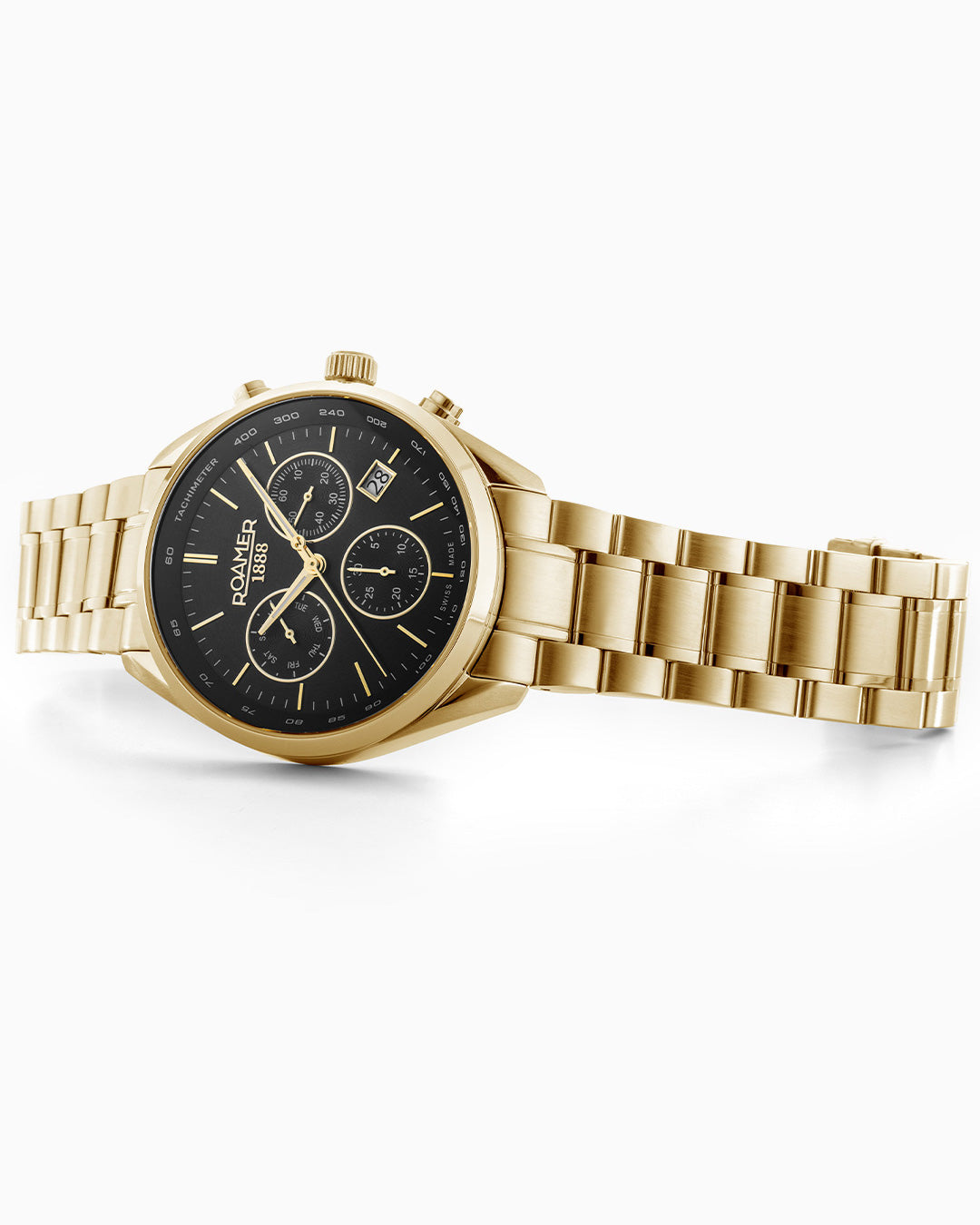 Pro Chrono 42mm Quartz Chronograph Date Black Sunray Dial Gold Bracelet Sapphire glass Stainless Steel swiss watch