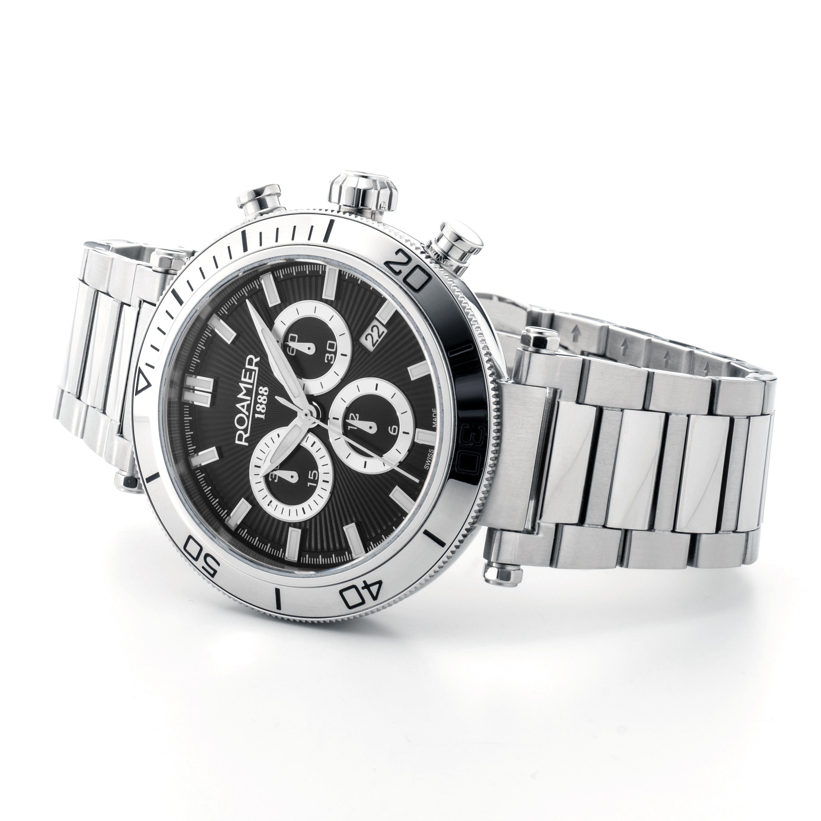 Toscana 43mm Chronograph Date Black Dial Silver Tone Bracelet Sapphire glass Stainless Steel swiss watch