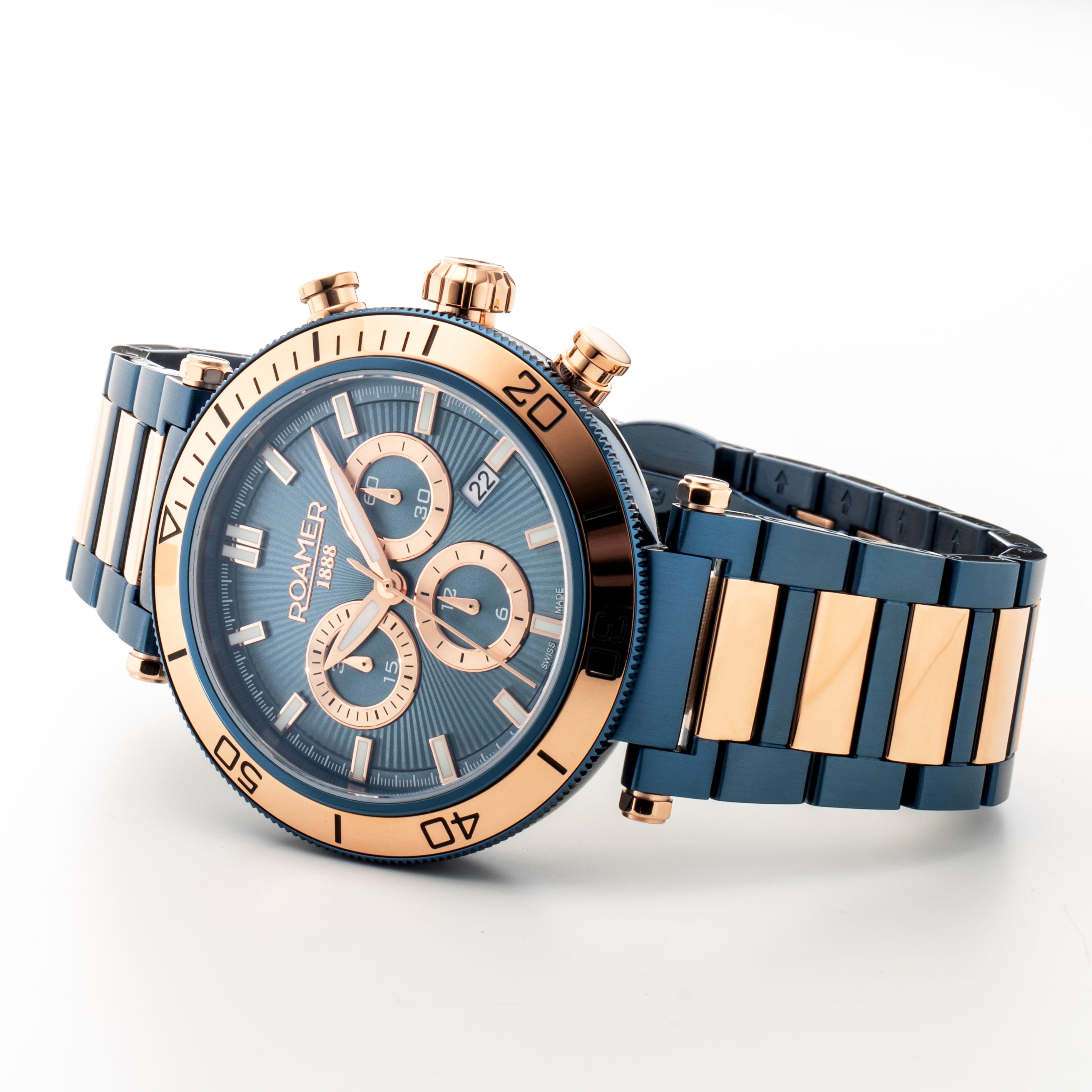 Toscana 43mm Chronograph Date Blue Dial Blue Rosegold Tone Bracelet Sapphire glass Stainless Steel swiss watch