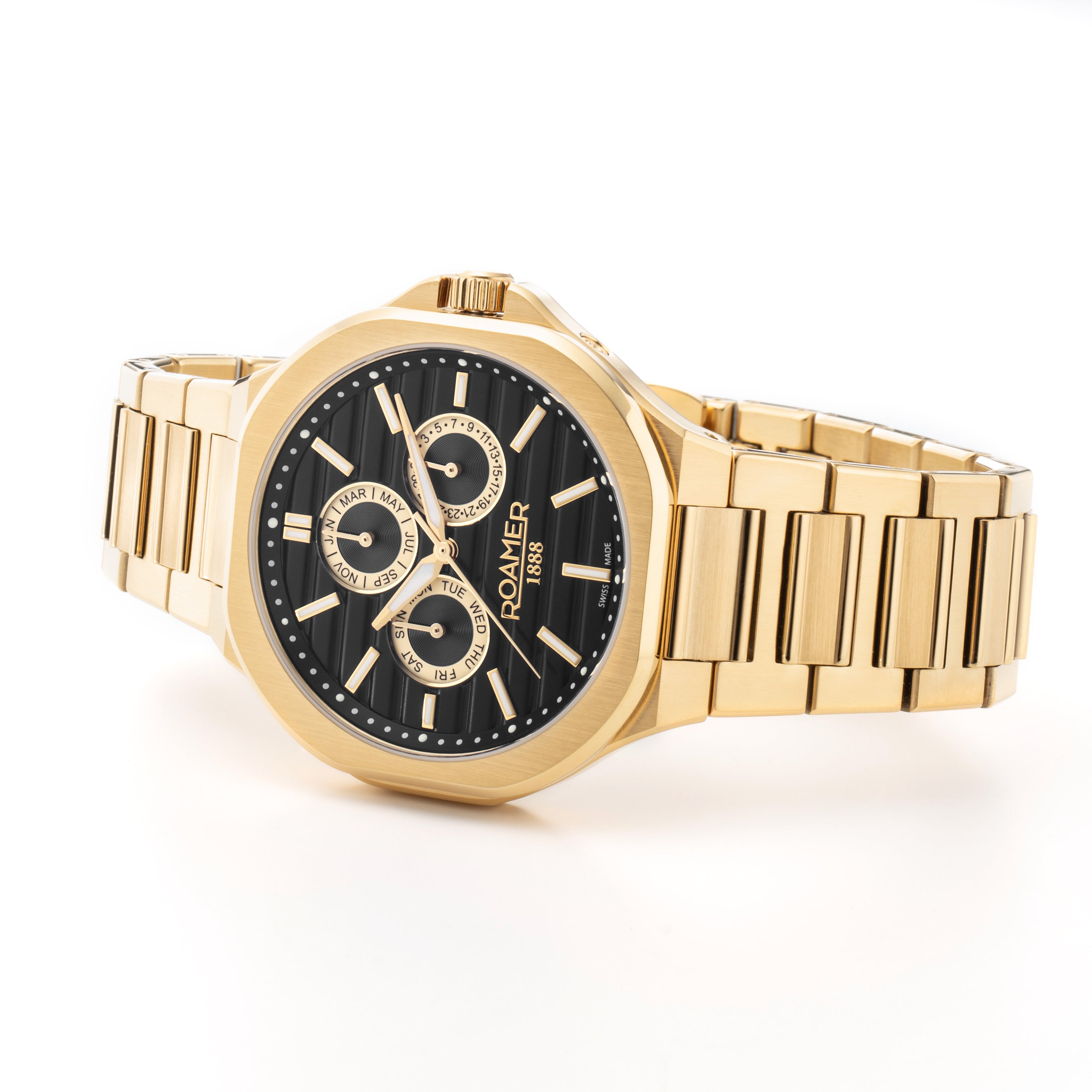 Spirit of Time 42x45mm Three-Hand Black Dial Gold Tone Bracelet Sapphire glass Stainless Steel swiss watch