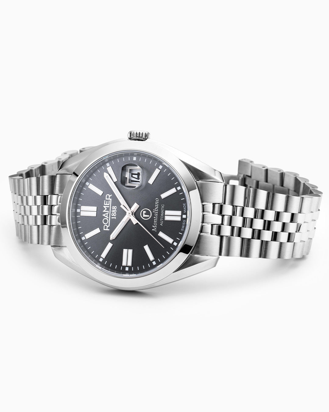 Montalbano Gents 41.5mm Automatic Three-Hand Date Grey Sunray Dial Silver Bracelet Sapphire glass Stainless Steel swiss watch