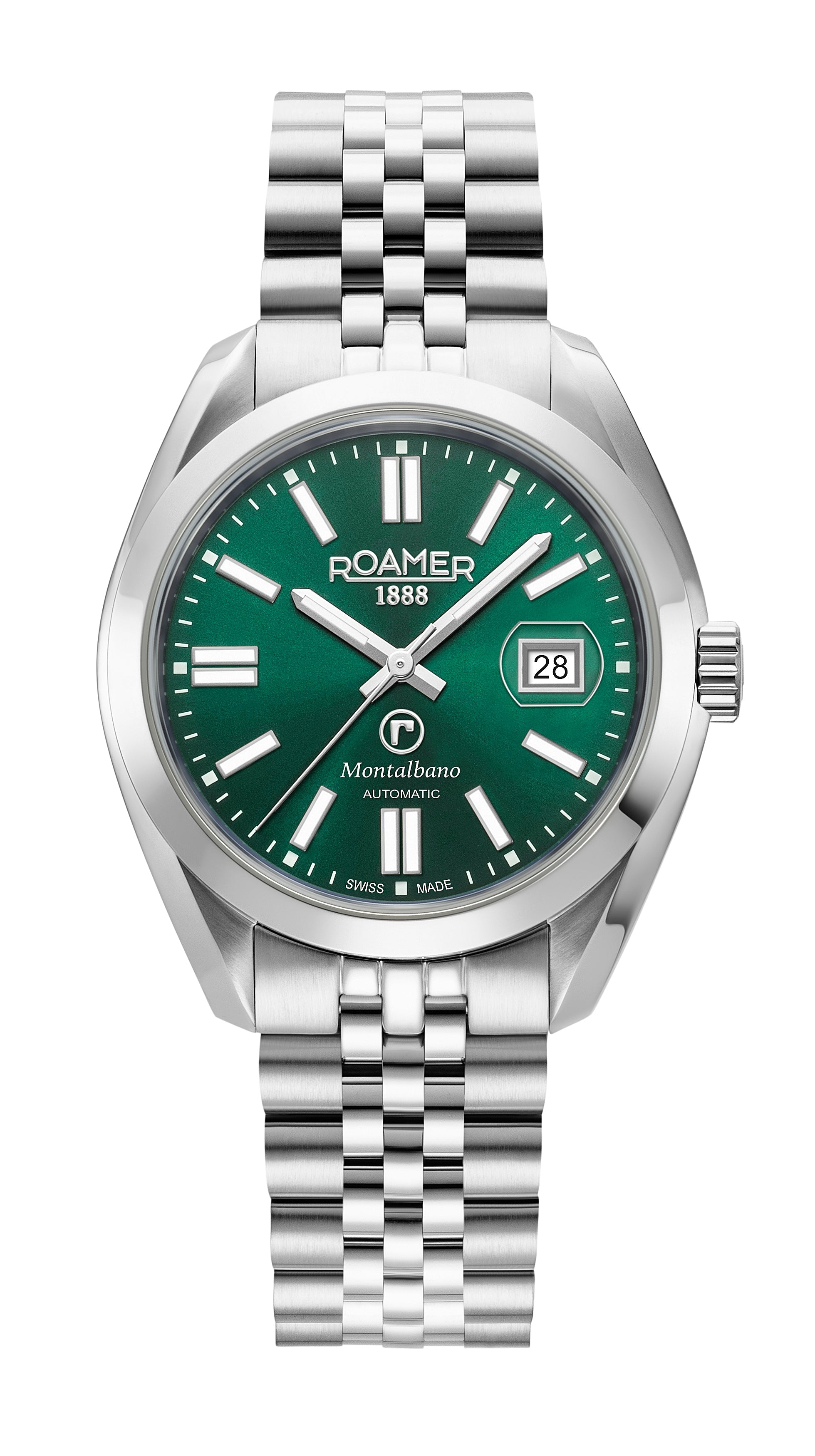 Montalbano Gents 41.5 mm Automatic Three-Hand Date Green Sunray Dial Silver Bracelet Sapphire glass Stainless Steel swiss watch