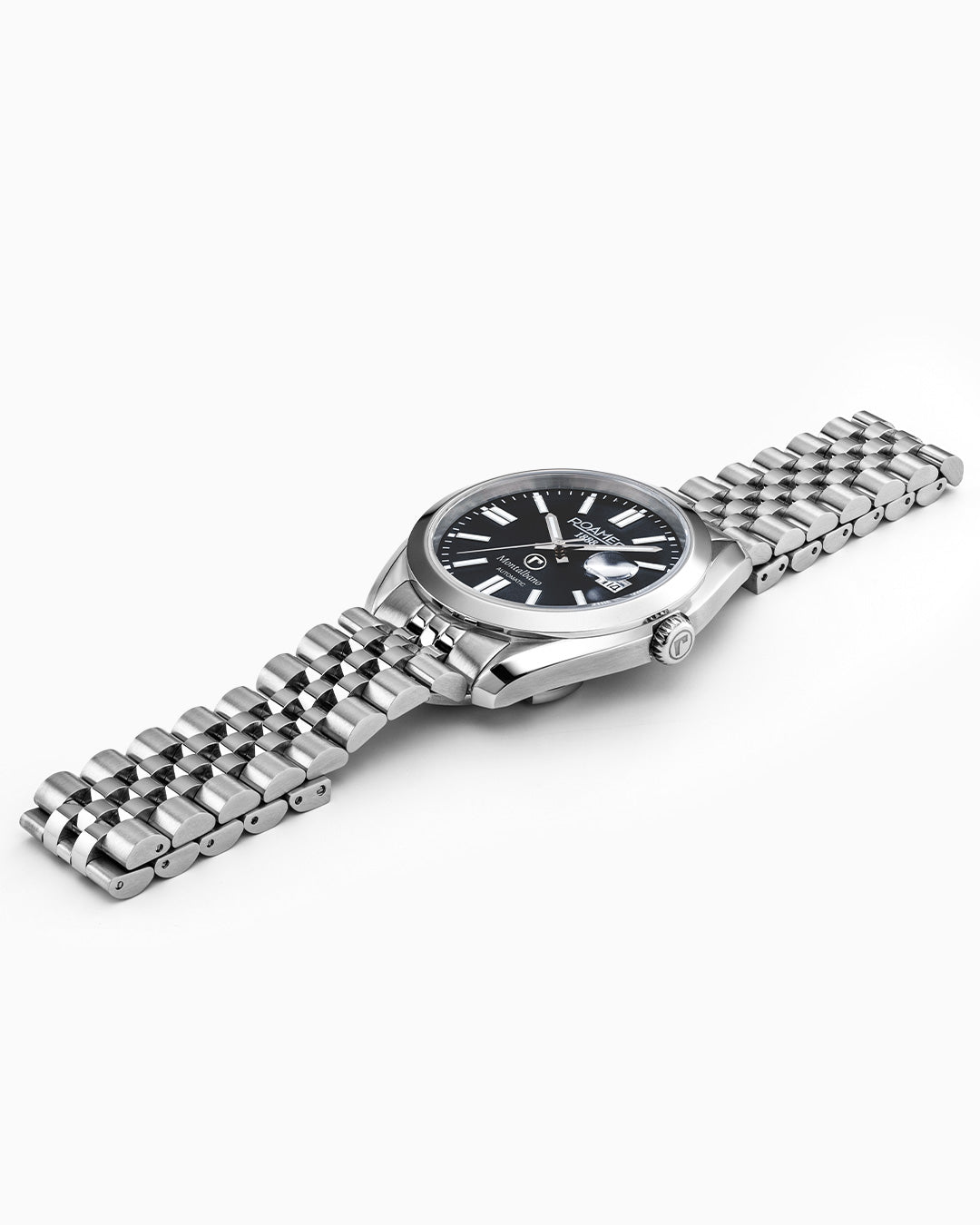 Montalbano Gents 41.5 mm Mechanical Three Hand Date Black Dial Silver Bracelet Sapphire glass Stainless Steel swiss watch