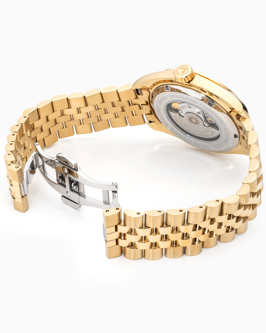 Montalbano Gents 41.5mm Automatic Three-Hand Date Black Sunray Dial Gold Bracelet Sapphire glass Stainless Steel swiss watch