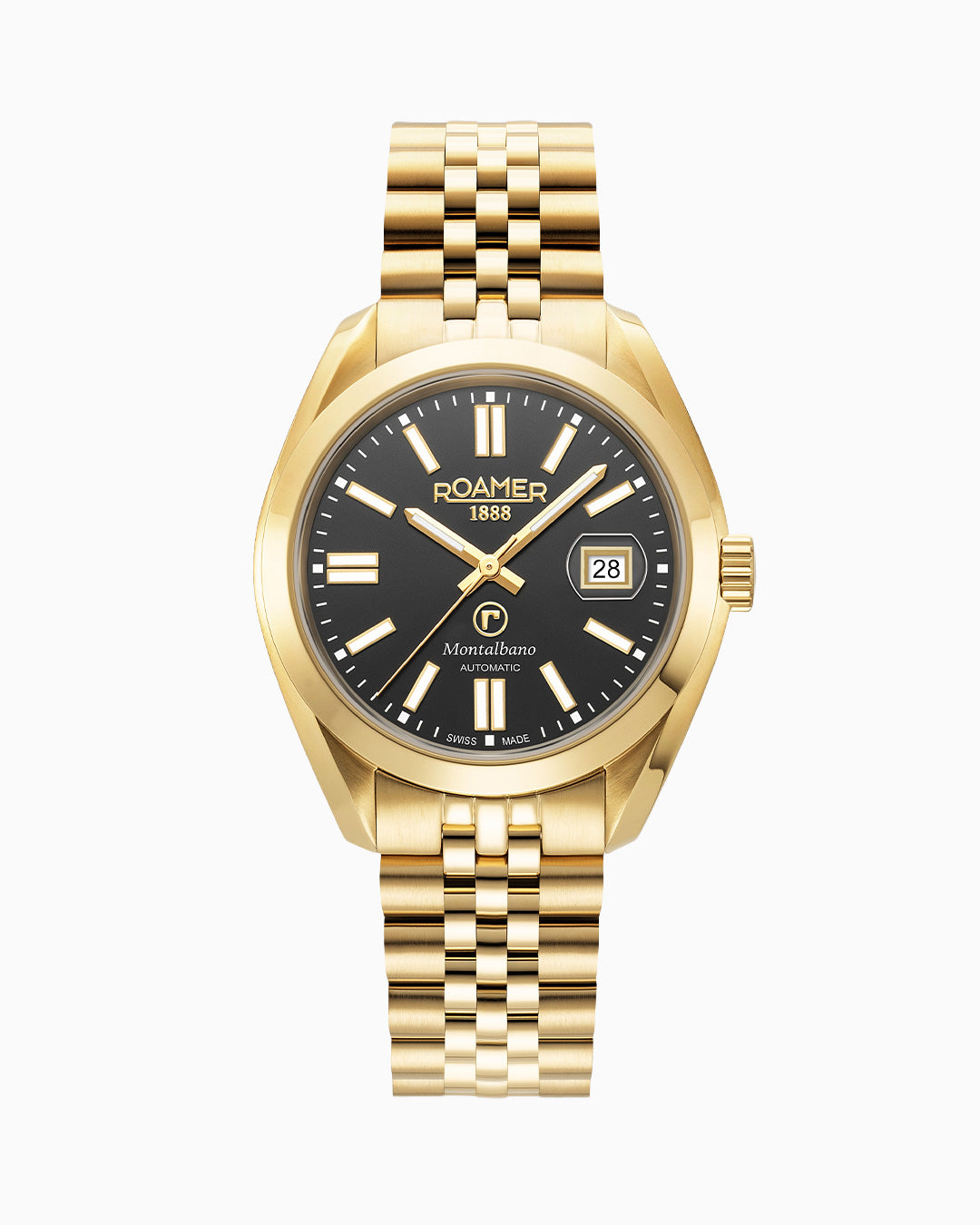 Montalbano Gents 41.5mm Automatic Three-Hand Date Black Sunray Dial Gold Bracelet Sapphire glass Stainless Steel swiss watch
