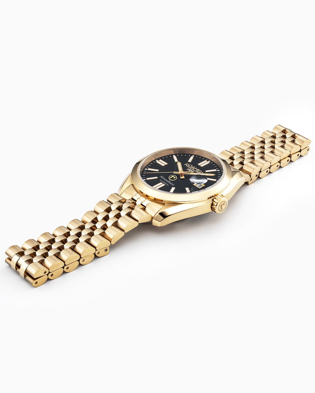 Montalbano Gents 41.5mm Automatic Three-Hand Date Black Sunray Dial Gold Bracelet Sapphire glass Stainless Steel swiss watch