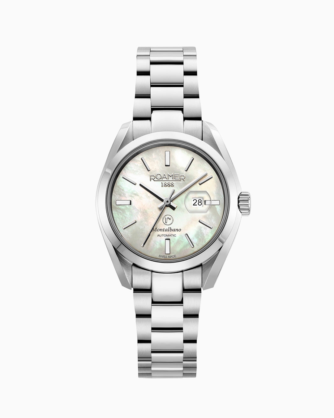Montalbano Ladies 31mm Automatic Three-Hand Date White MOP Dial Silver Bracelet Sapphire glass Stainless Steel swiss watch