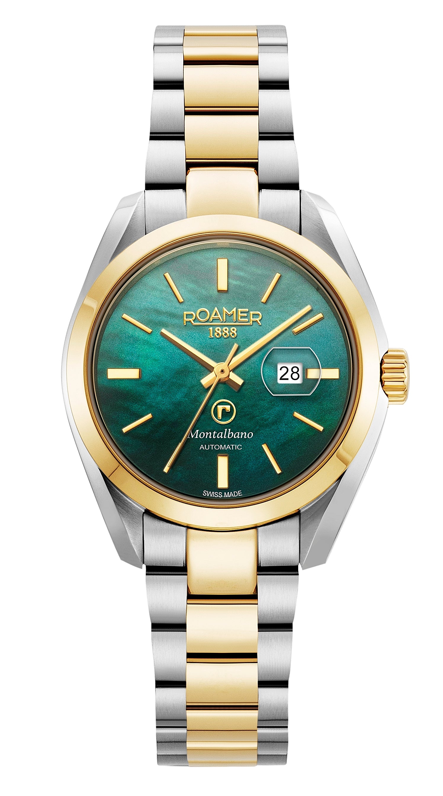 Montalbano Ladies 31mm Automatic Three-Hand Date Green Mop Dial Two-Tone Bracelet Sapphire glass Stainless Steel swiss watch