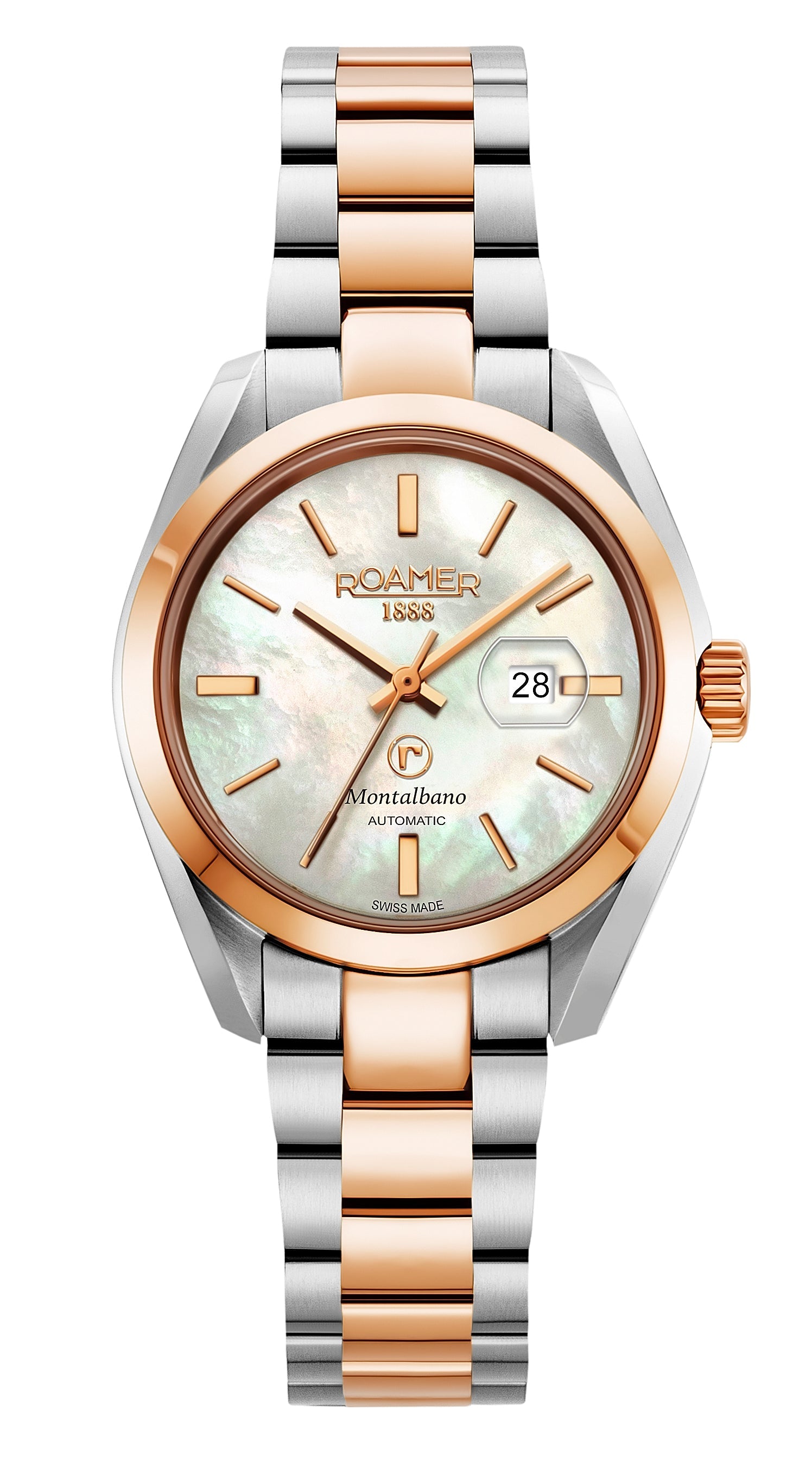 Montalbano Ladies 31mm Automatic Three-Hand Date White Mop Dial Two-Tone Bracelet Sapphire glass Stainless Steel swiss watch