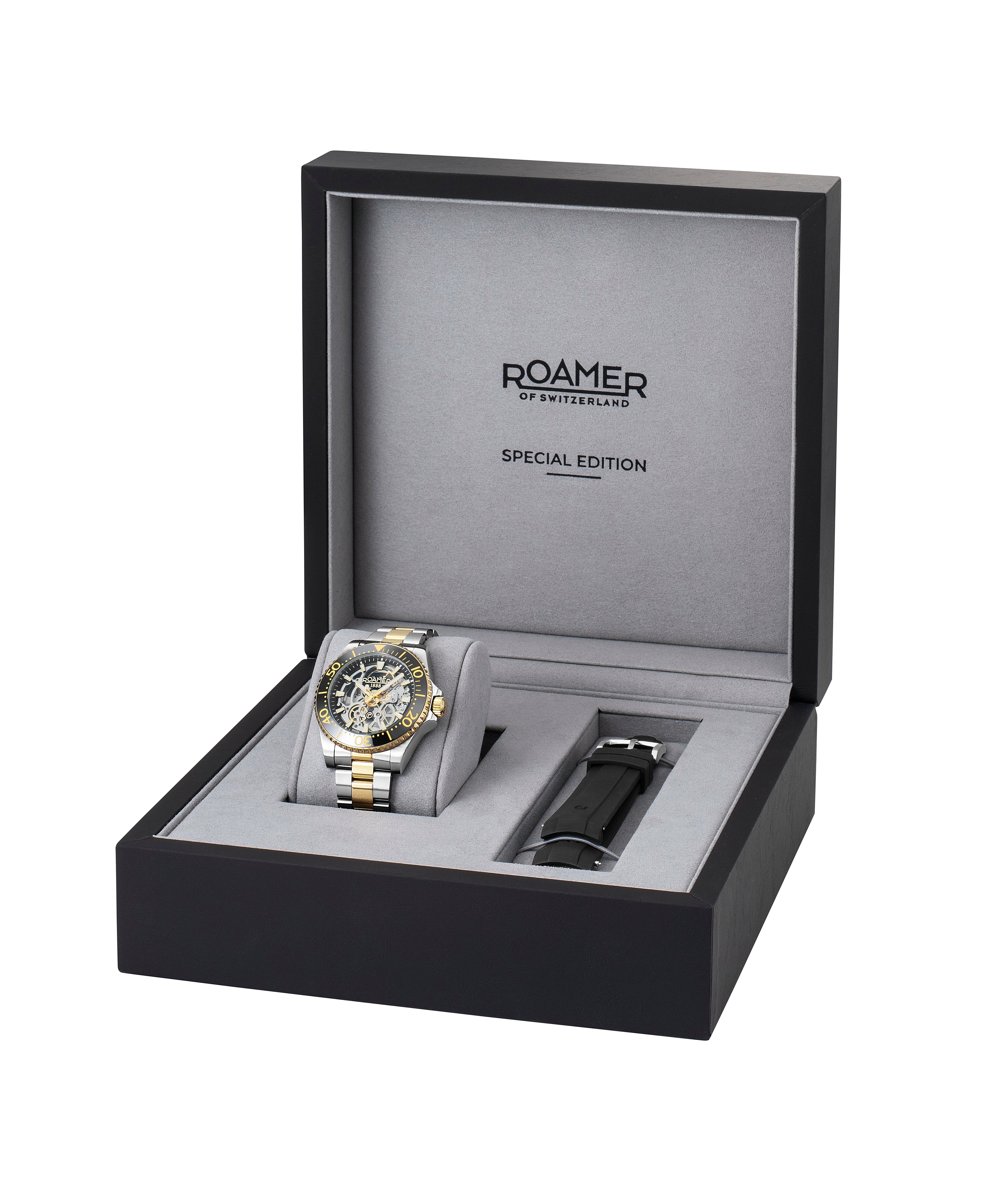 Premier Skeleton 42 mm Automatic Three-Hand Black Dial Two-Tone Steel and Rubber Bracelet Set Sapphire glass Stainless Steel swiss watch