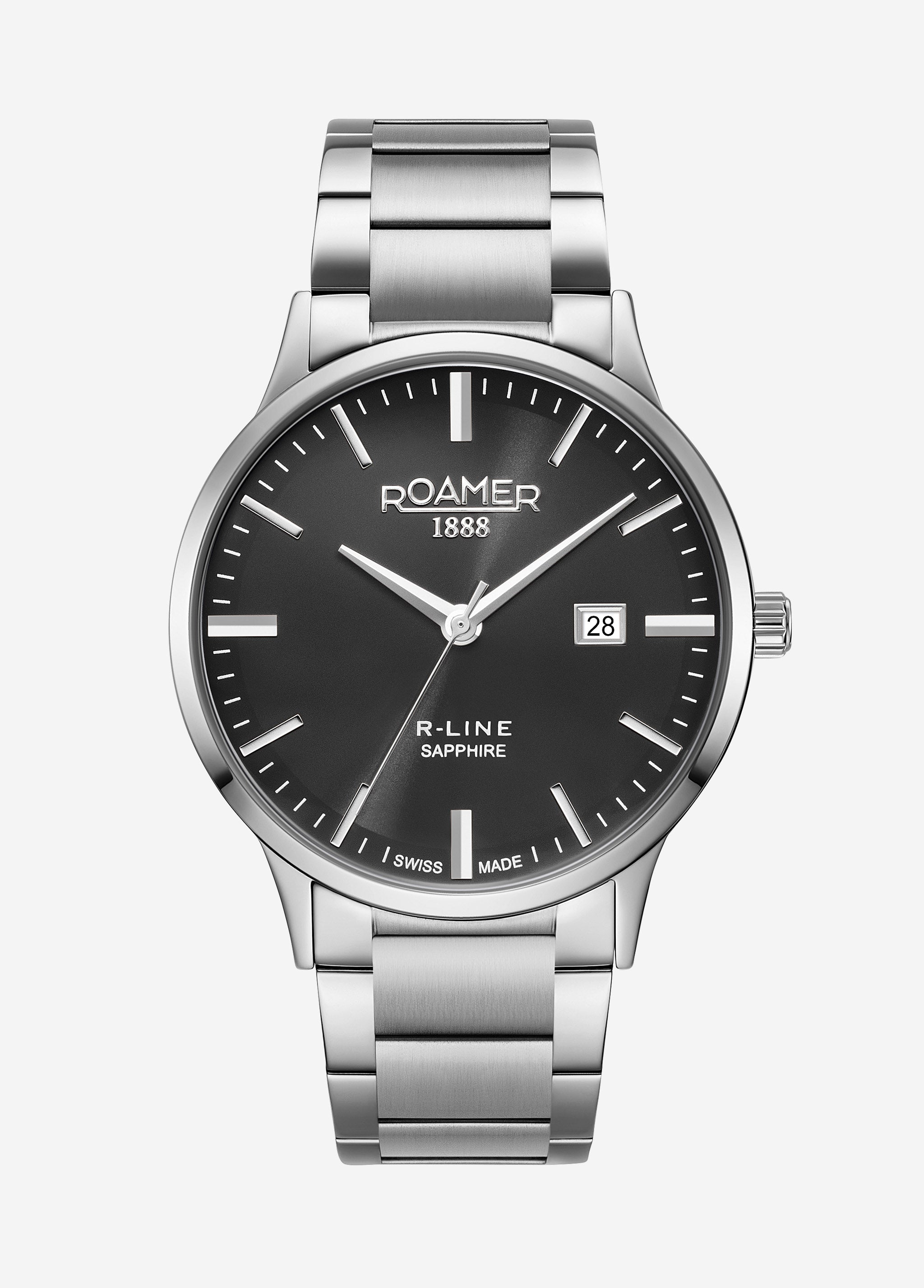 R Line Classic 43 mm Quartz Three-Hand Date Black Dial Silver Bracelet Sapphire glass Stainless Steel swiss watch
