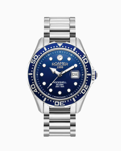 Rockshell Mark III Scuba 44 mm Quartz Three-Hand Date Blue Dial Turning Bezel Silver Bracelet Sapphire glass Stainless Steel swiss watch
