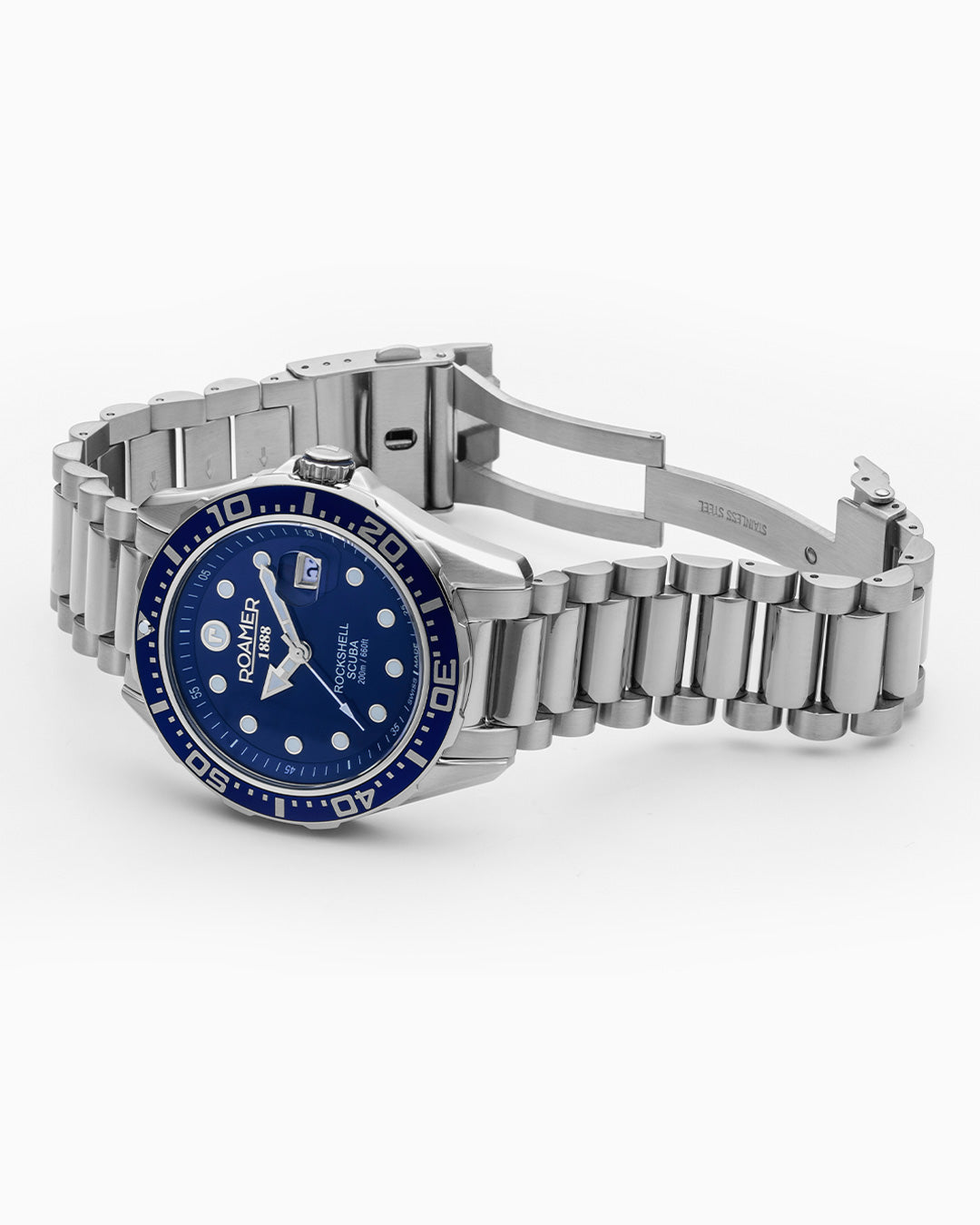 Rockshell Mark III Scuba 44 mm Quartz Three-Hand Date Blue Dial Turning Bezel Silver Bracelet Sapphire glass Stainless Steel swiss watch