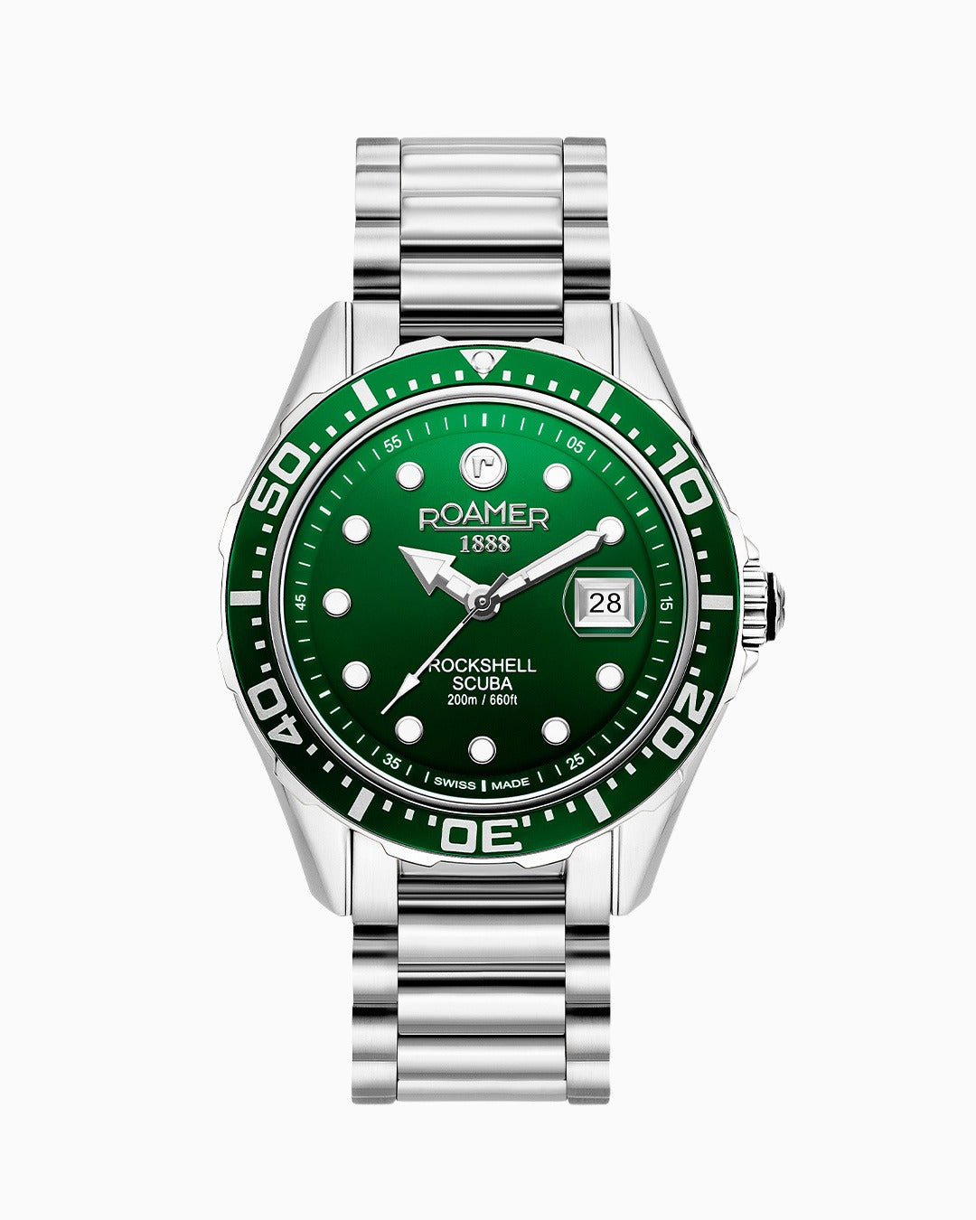 Rockshell Mark III Scuba 44 mm Quartz Three-Hand Date Green Dial Turning Bezel Silver Bracelet Sapphire glass Stainless Steel swiss watch
