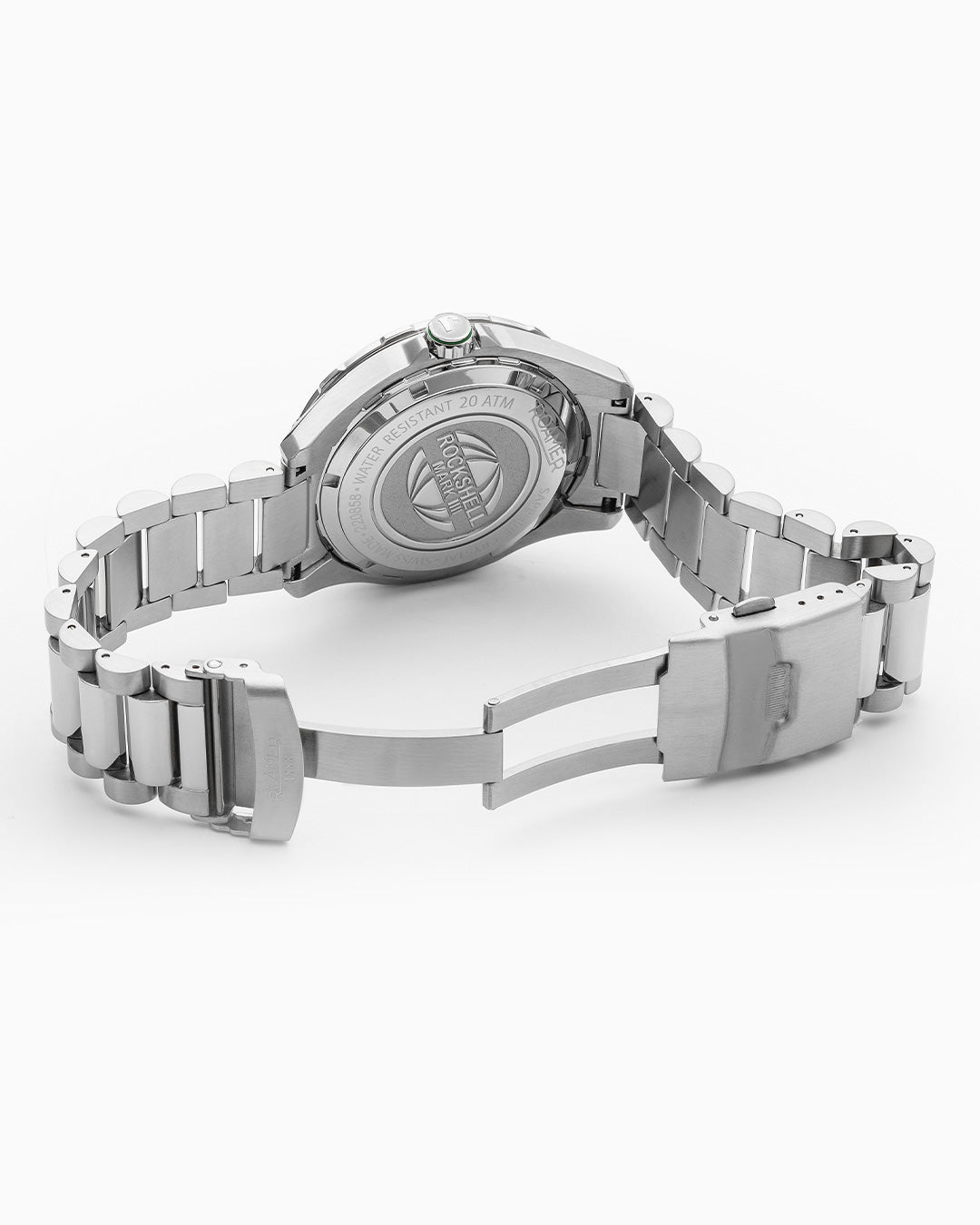 Rockshell Mark III Scuba 44 mm Quartz Three-Hand Date Green Dial Turning Bezel Silver Bracelet Sapphire glass Stainless Steel swiss watch