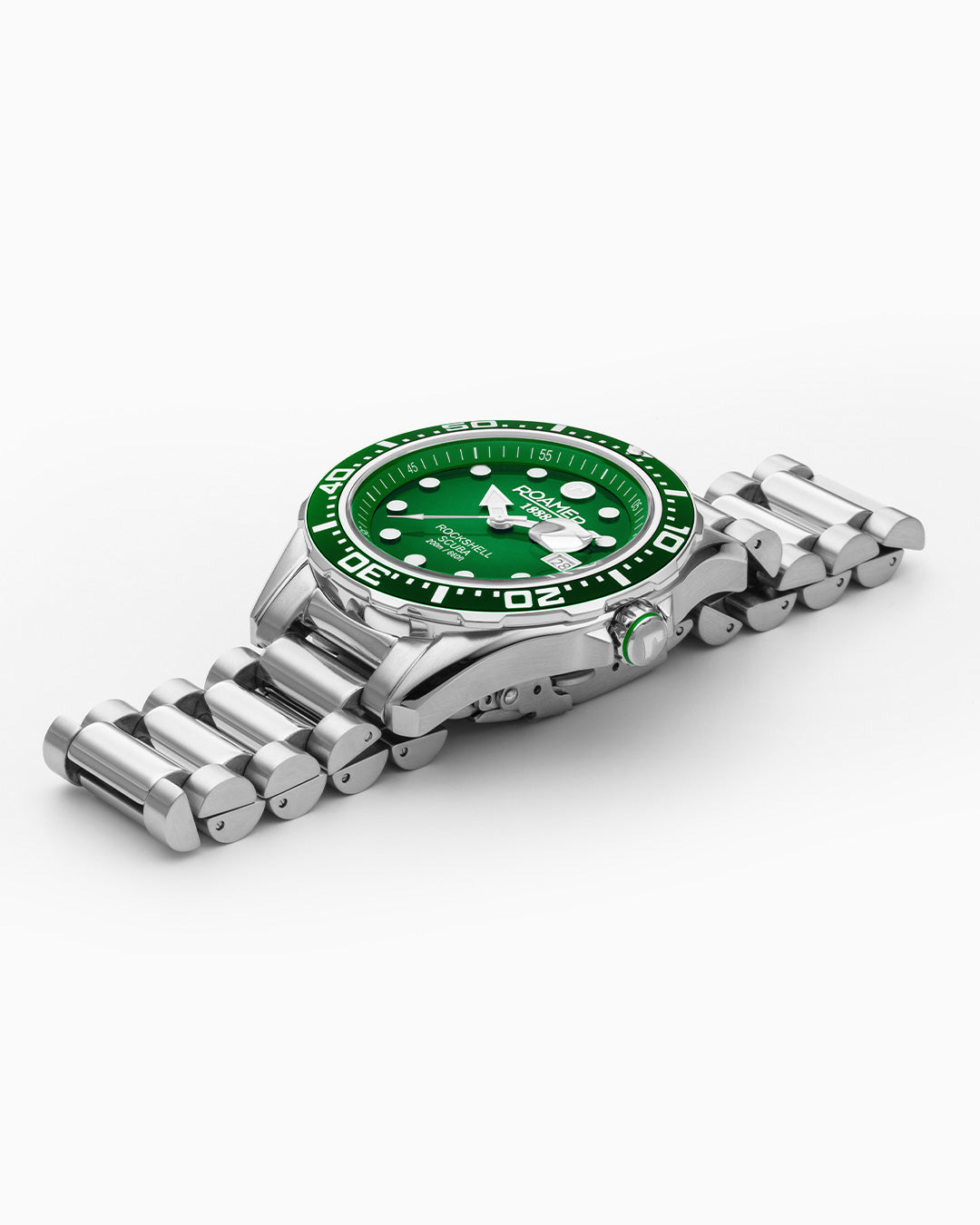 Rockshell Mark III Scuba 44 mm Quartz Three-Hand Date Green Dial Turning Bezel Silver Bracelet Sapphire glass Stainless Steel swiss watch