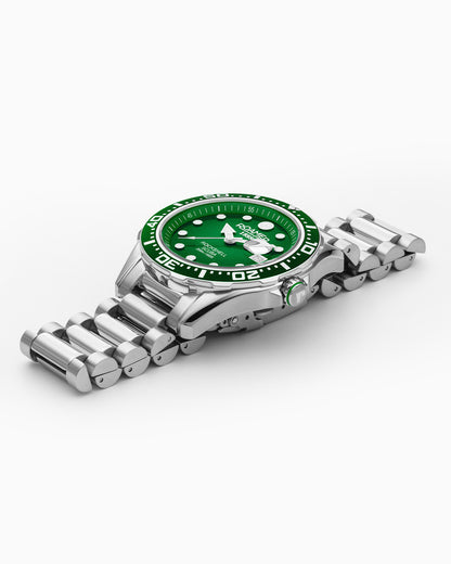 Rockshell Mark III Scuba 44 mm Quartz Three-Hand Date Green Dial Turning Bezel Silver Bracelet Sapphire glass Stainless Steel swiss watch