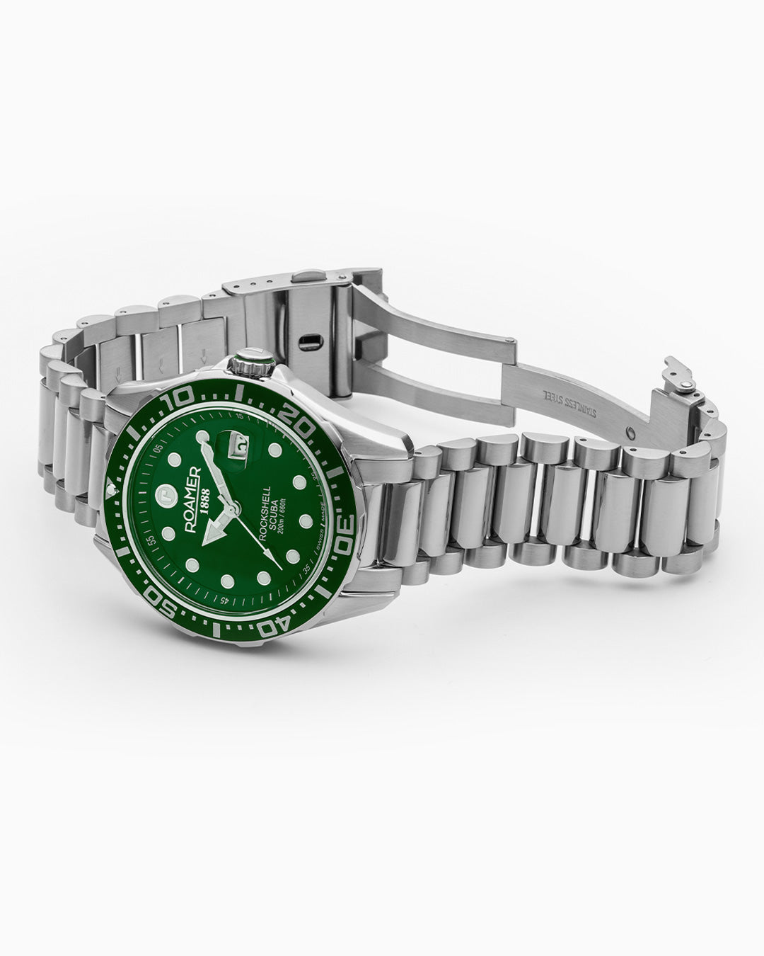 Rockshell Mark III Scuba 44 mm Quartz Three-Hand Date Green Dial Turning Bezel Silver Bracelet Sapphire glass Stainless Steel swiss watch