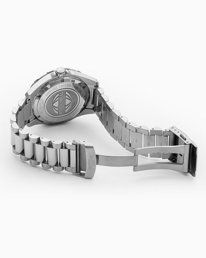 Rockshell Mark III Scuba 44 mm Quartz Three-Hand Date Black Dial Turning Bezel Silver Bracelet Sapphire glass Stainless Steel swiss watch