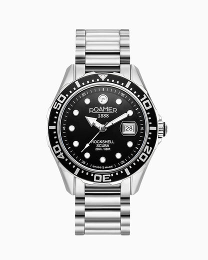 Rockshell Mark III Scuba 44 mm Quartz Three-Hand Date Black Dial Turning Bezel Silver Bracelet Sapphire glass Stainless Steel swiss watch