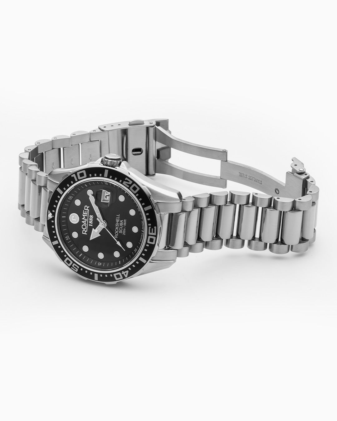 Rockshell Mark III Scuba 44 mm Quartz Three-Hand Date Black Dial Turning Bezel Silver Bracelet Sapphire glass Stainless Steel swiss watch