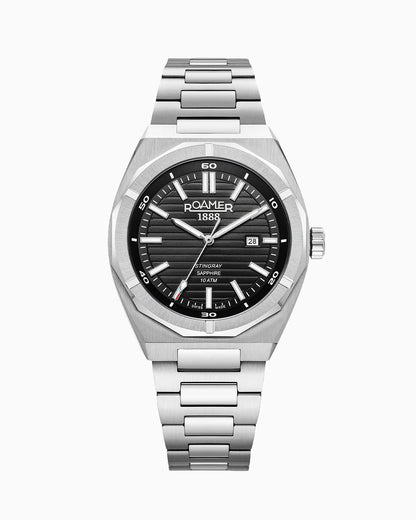 Stingray 42 mm Quartz Three-Hand Date Black Dial Silver Bracelet Sapphire glass Stainless Steel swiss watch