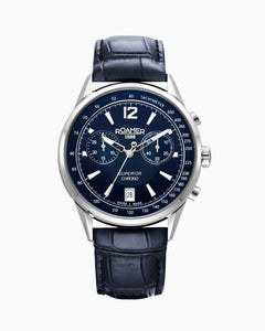 Superior Chrono III 44mm Quartz Chronograph Date Blue Dial Darkblue Leather Strap Sapphire glass Stainless Steel swiss watch