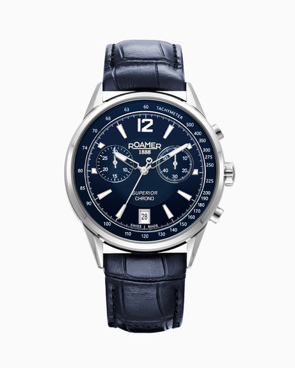 Superior Chrono III 44mm Quartz Chronograph Date Blue Dial Darkblue Leather Strap Sapphire glass Stainless Steel swiss watch