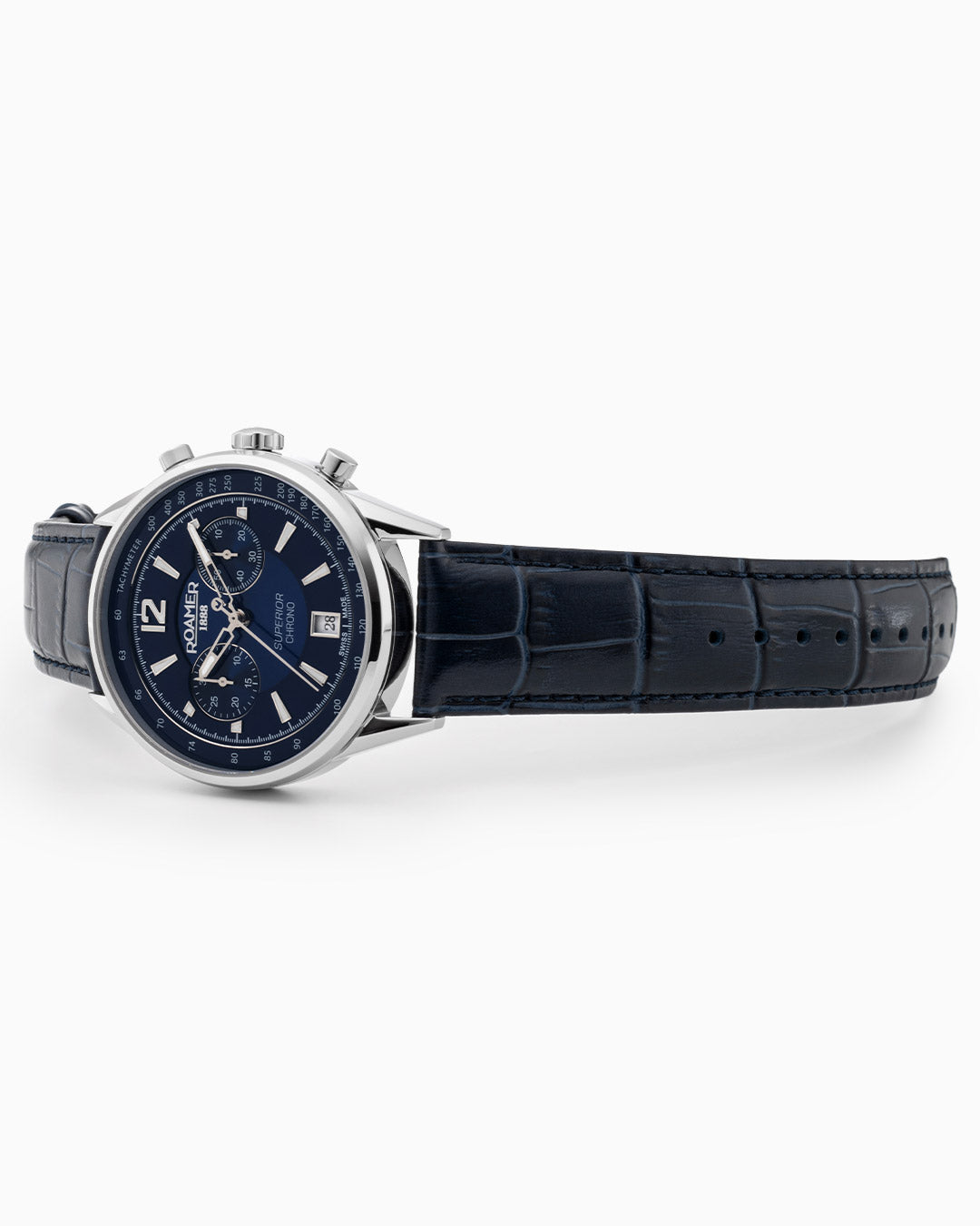 Superior Chrono III 44mm Quartz Chronograph Date Blue Dial Darkblue Leather Strap Sapphire glass Stainless Steel swiss watch