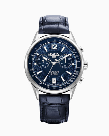 Superior Chrono III 44mm Quartz Chronograph Date Blue Dial Darkblue Leather Strap Sapphire glass Stainless Steel swiss watch